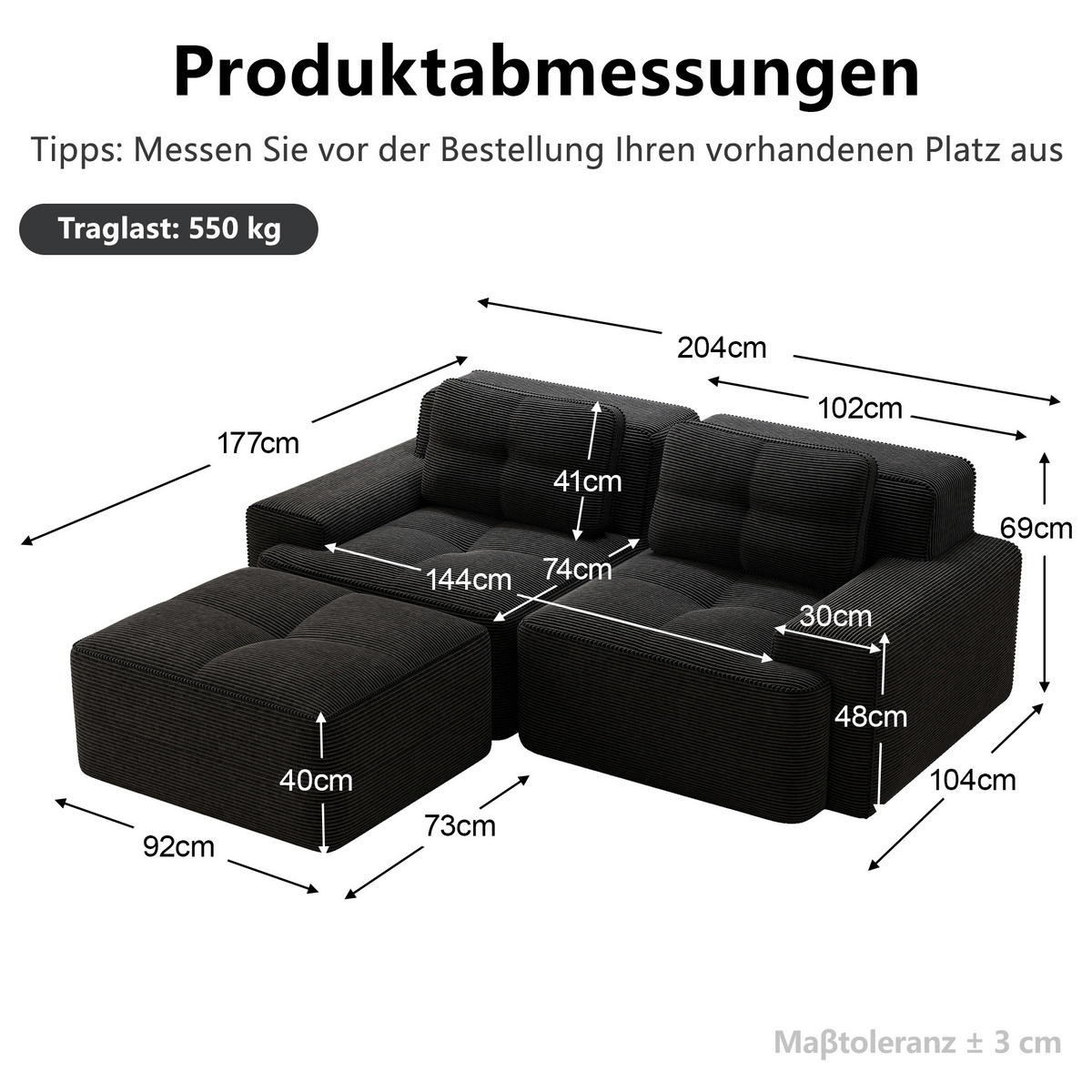 ECKSOFA DE-34113 2-Sitzer mit Ottoman Schwarz - Schwarz, Textil (177/204cm) - ComfortXL