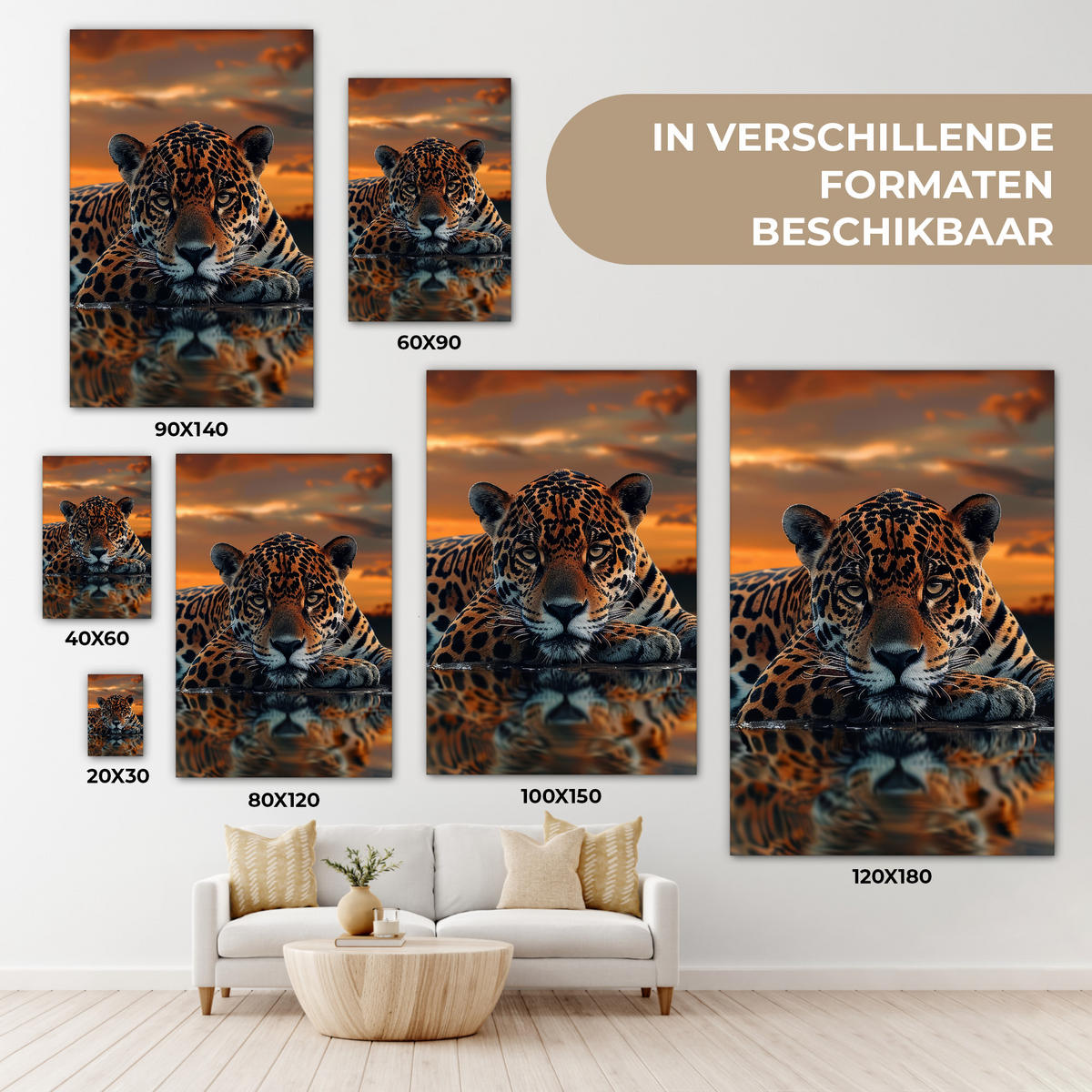 LEINWANDBILD Natur - Leopard - Tier - Sonnenuntergang - Modern Deko Groß 90x140 cm - Orange, Textil (90/140cm) - MuchoWow