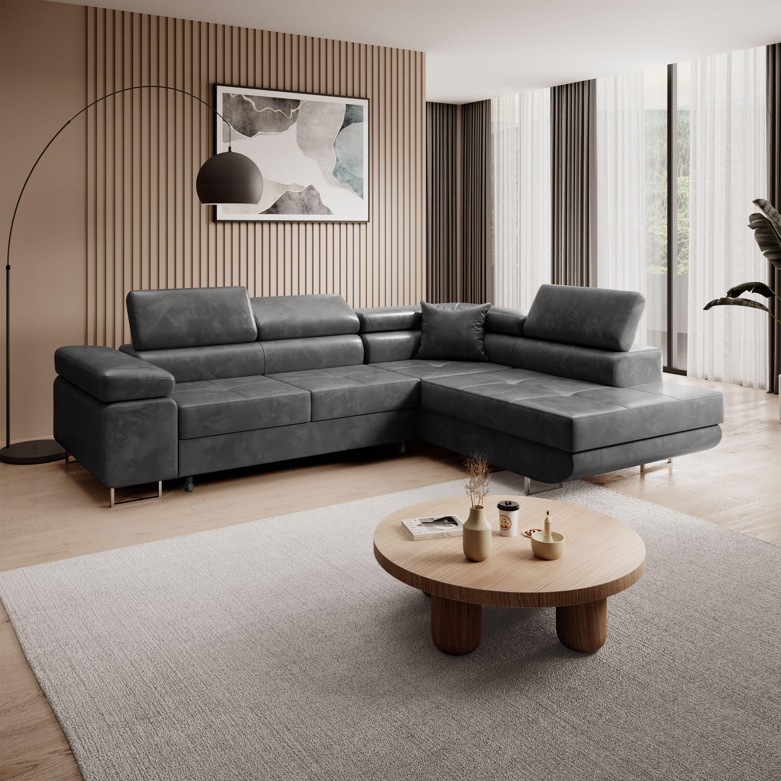 ECKSCHLAFSOFA Waldo verstellbaren Kopfstützen, Grau, rechts - Schwarz/Grau, Textil (275/203cm) - Beautysofa