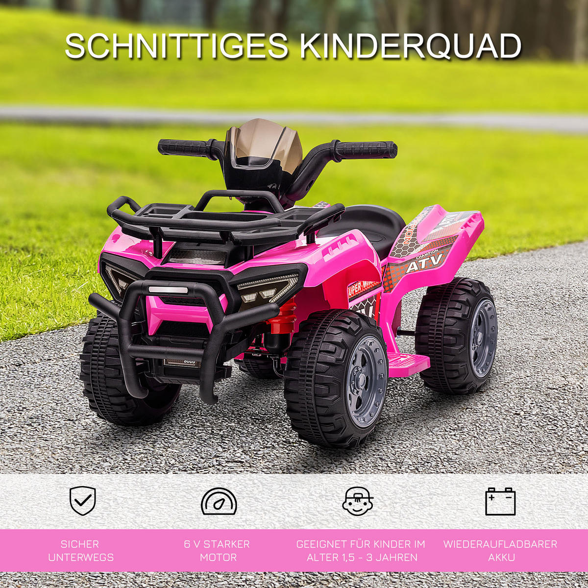 MINI ELEKTRO-QUAD KINDER, Schwarz/Grün/Rosa/Rot, Metall+ PP-Kunststoff - Rosa, Metall (70/42/45cm) - HOMCOM