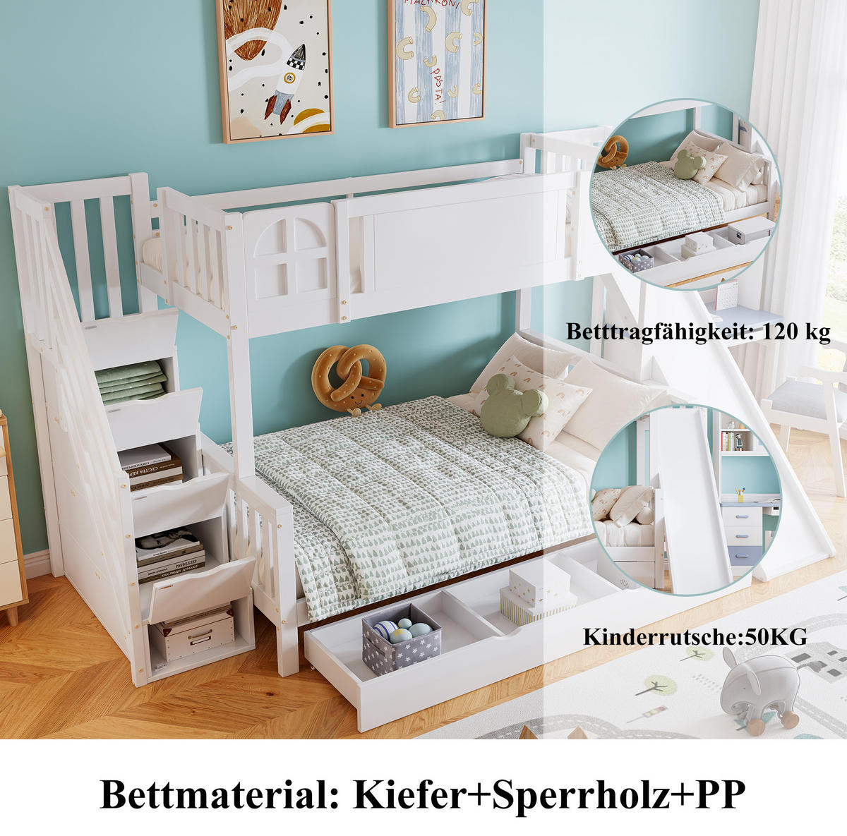 ETAGENBETT 90/200 & 120/200 cm in Weiß mit Rutsche und Stauraumtreppe - Weiß, Holzwerkstoff - BEAOK