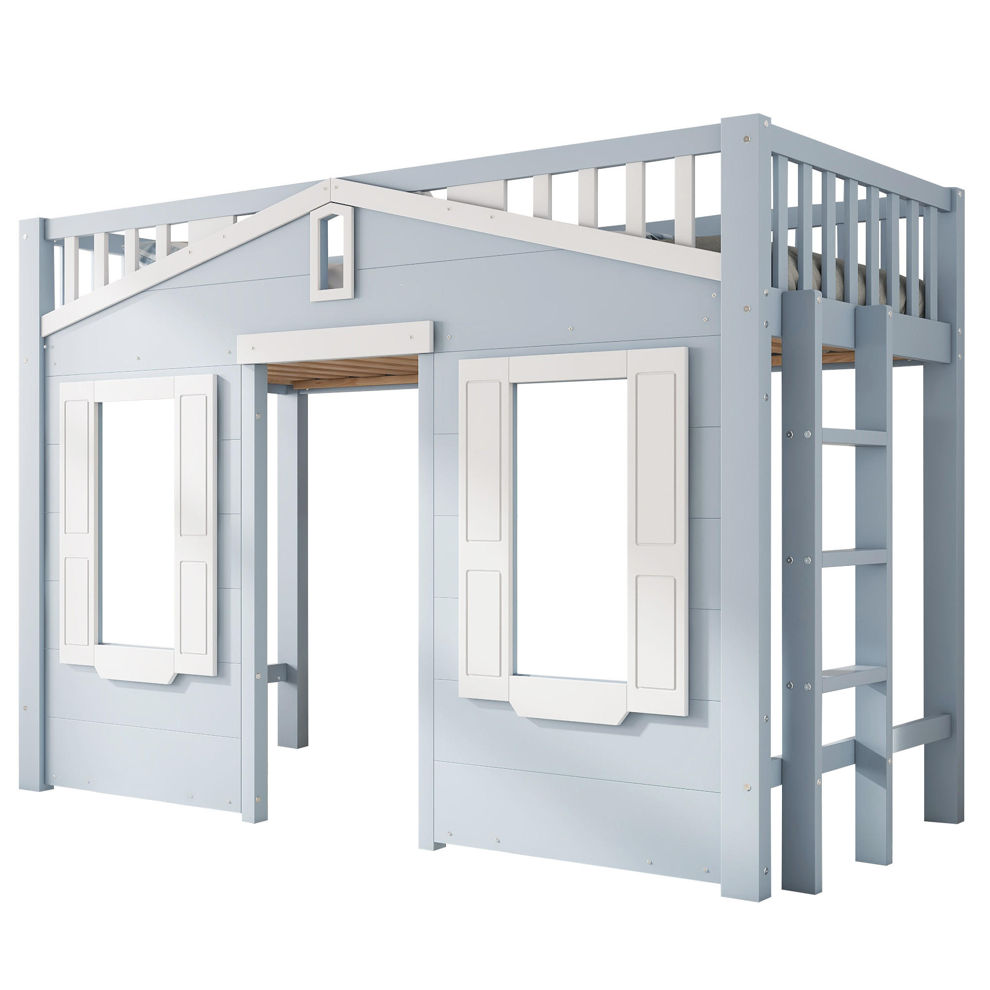 HOCHBETT 90/200 cm in Weiß & Blau mit Fenstergestaltung und flexibel montierbarer Treppe - Blau, Holz/Holzwerkstoff (90/200cm) - CHICFURN