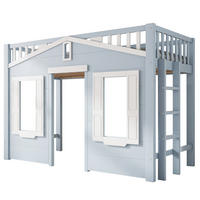 HOCHBETT 90/200 cm in Weiß & Blau mit Fenstergestaltung und flexibel montierbarer Treppe - Blau, Holz/Holzwerkstoff (90/200cm) - CHICFURN