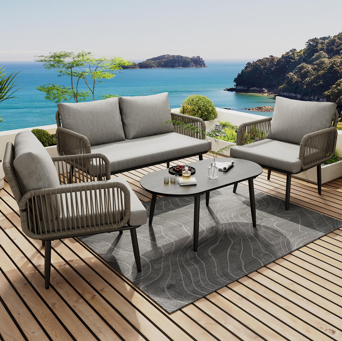 GARTENMÖBEL-SET 120/64/74 cm grau aus verzinktem Stahl und Polyester mit Kissen und Couchtisch - Grau, Textil - OKWISH