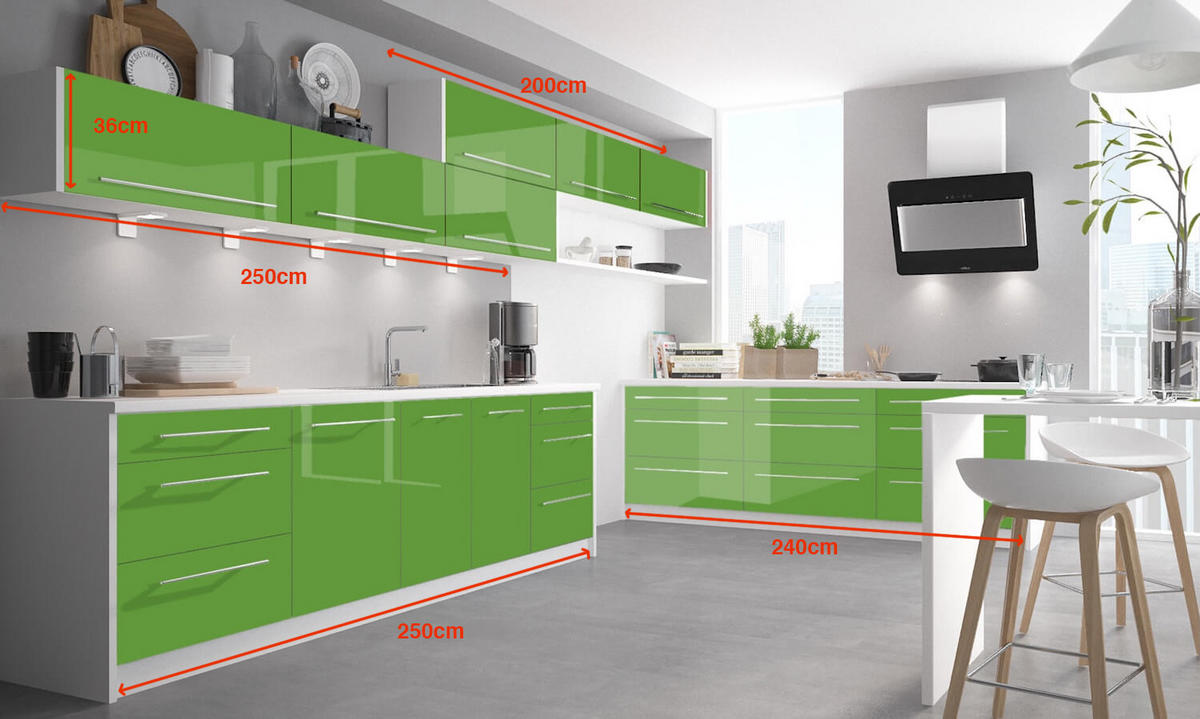 KÜCHENLEERBLOCK Brerra Cdb gelbgrün lackiert / weiß matt 13-teilig - Weiß/Grün, Holzwerkstoff (490/50/168cm) - Feldmann-Wohnen