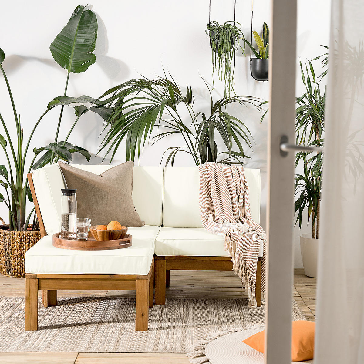 LOUNGEHOCKER - Webstoff / Akazie massiv - Weiß, Holz/Textil (60/38/60cm) - home24