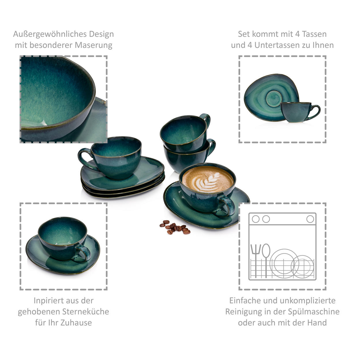 KAFFEETASSEN SET MAURI - 8 teilig aus Steingut - Grün, Keramik (27/39/20cm) - Sänger