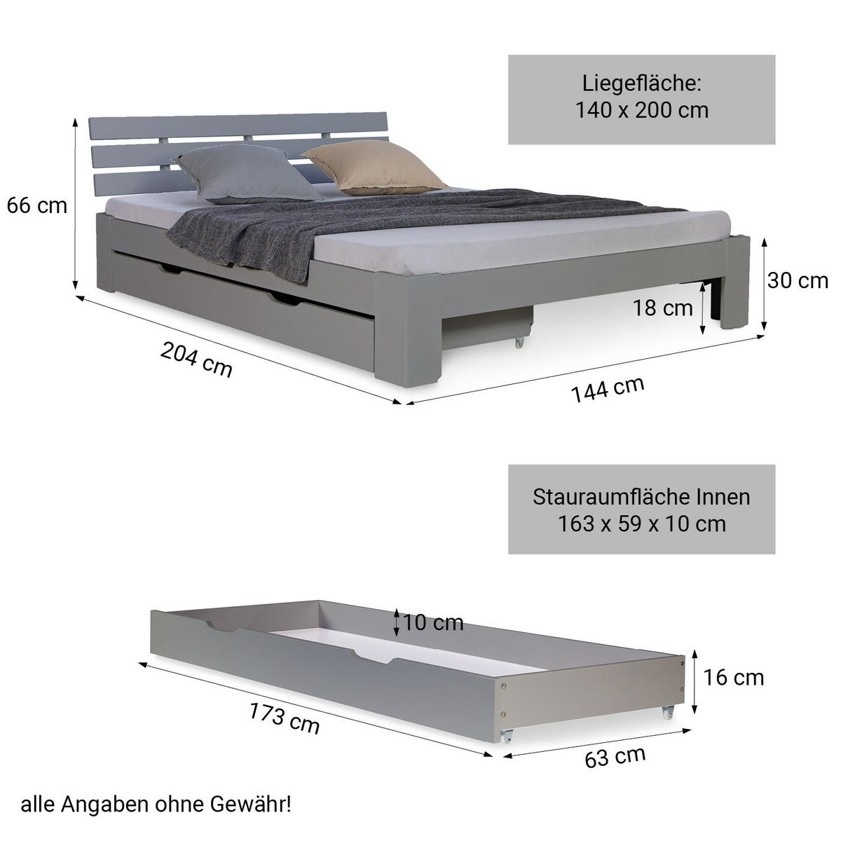 HOLZBETT mit Stauraum 140/200 cm grau - Grau, Holz (140/200cm) - Homestyle4u