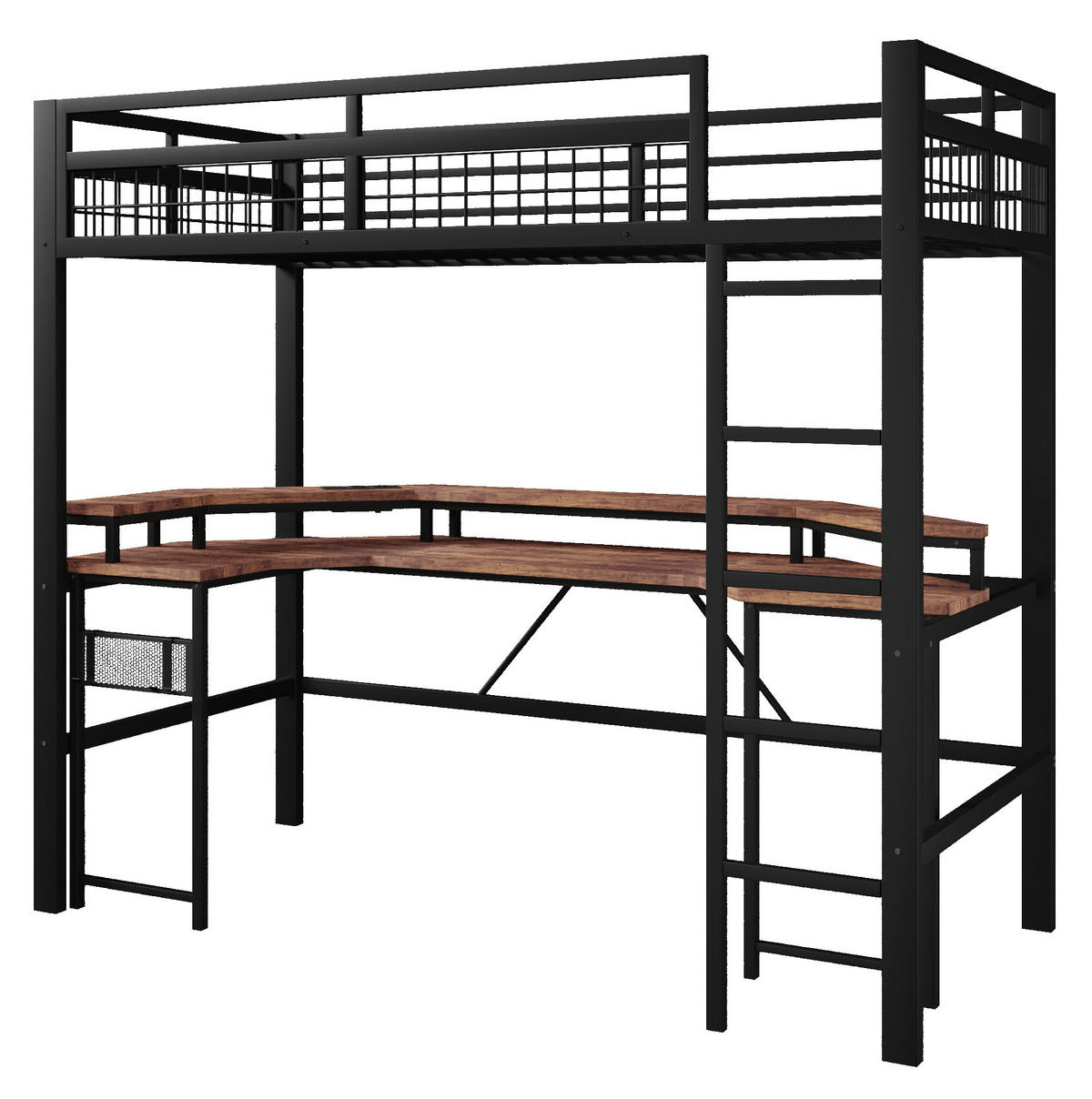 HOCHBETT 90/200 cm aus Metall mit Schreibtisch und LED-Beleuchtung, schwarz - Schwarz, Metall (90/200cm) - Flora Grace