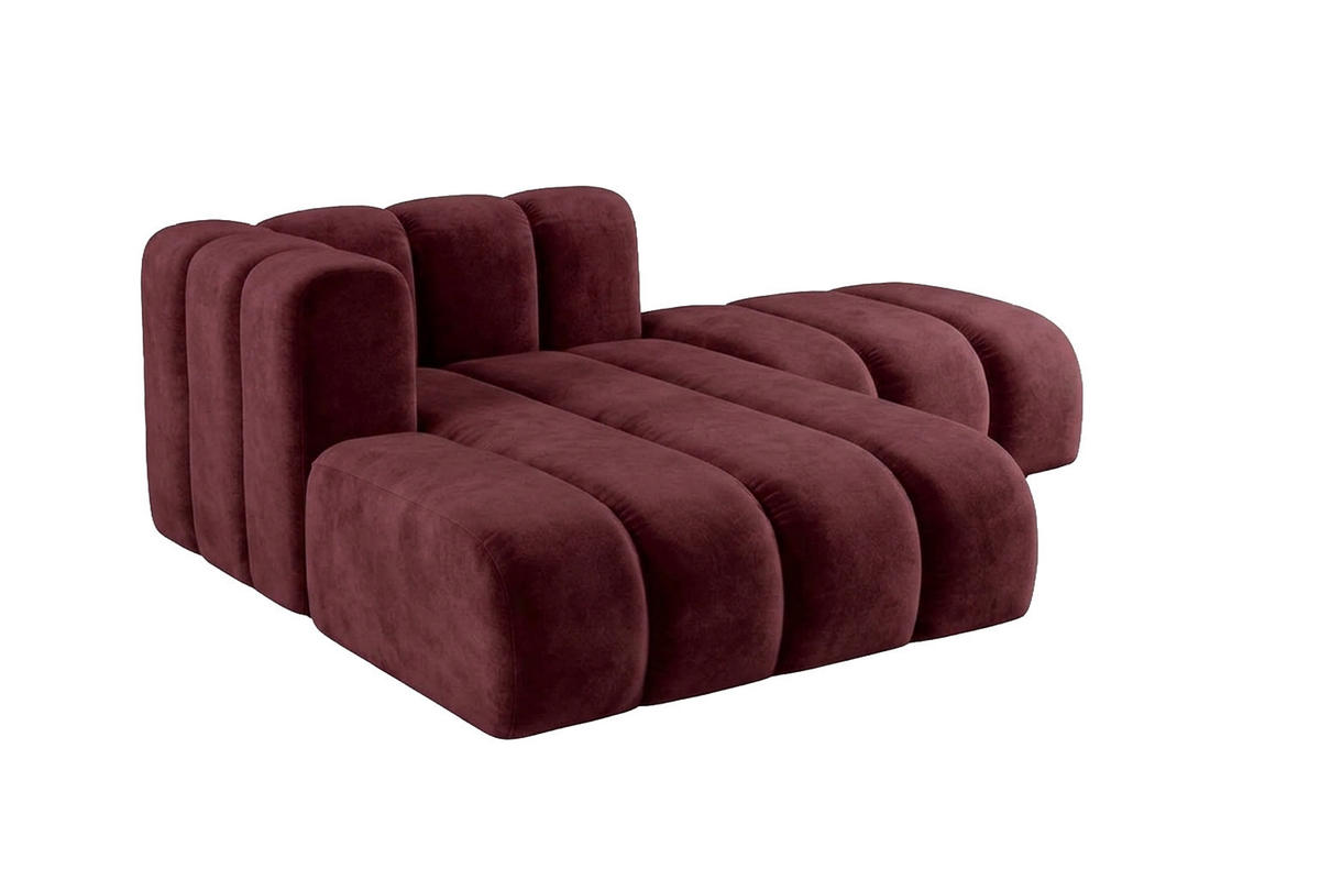 CHAISELONGUE Modulare Mit Hocker, Velvet-Stoff Riviera, Rotwein, Links, GRAND - Dunkelrot, Holz (204/179cm) - Kaiser Möbel