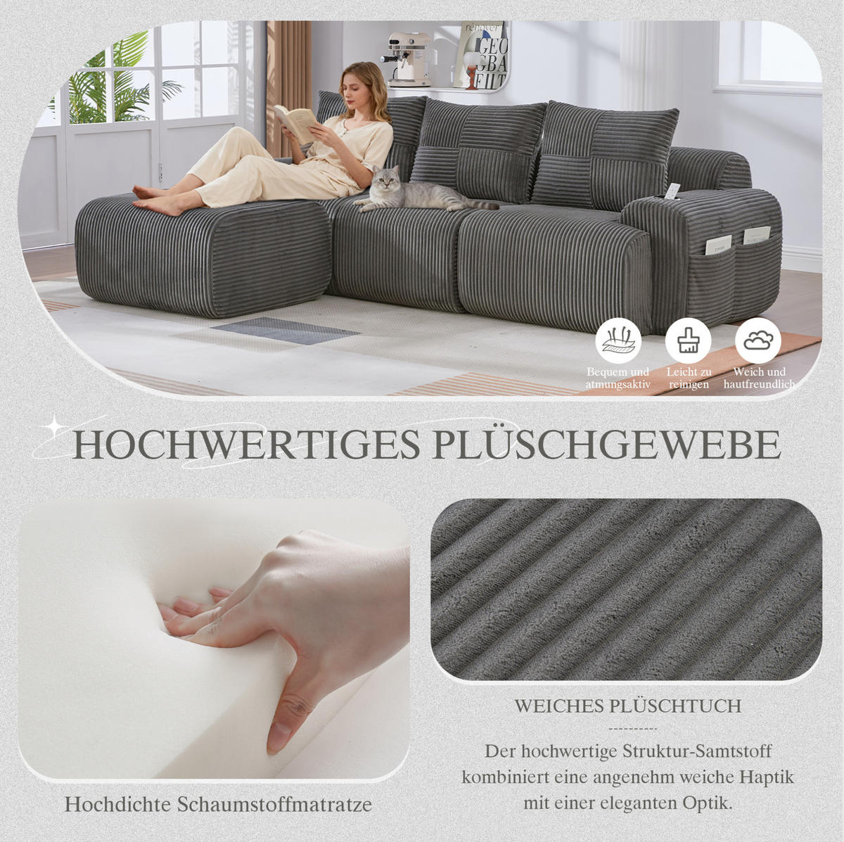 MODULARES Cordsofa 3-Sitzer mit Hocker Getränkehalter und Tasche 268/174/80 cm Dunkelgrau - Dunkelgrau, Textil (174/268cm) - Redom
