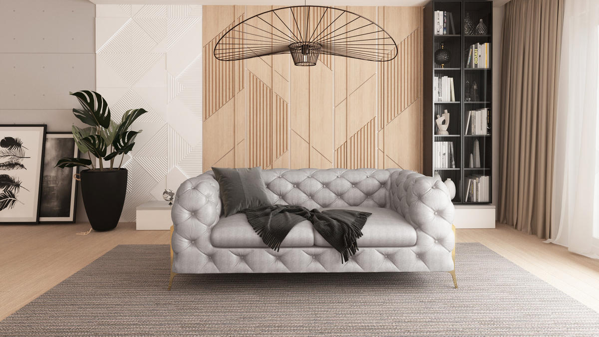 SITZGARNITUR 3+2+1 Chesterfield Vertex Grau Samt - Goldfarben/Grau, Holz/Textil (225/75/100cm) - S-Style Möbel