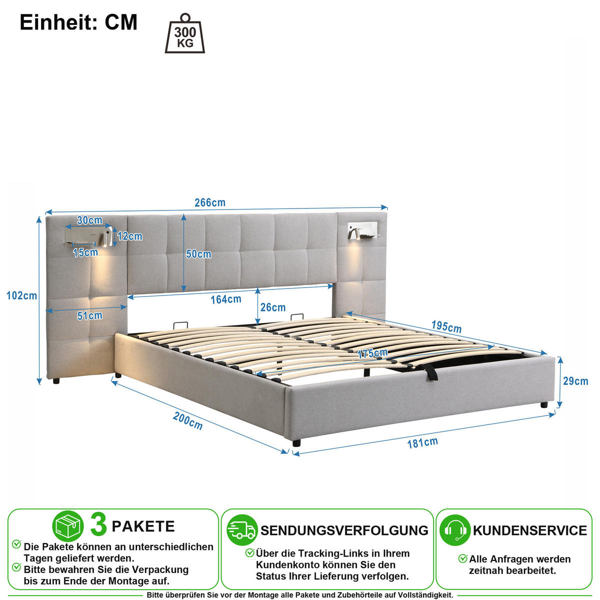 POLSTERBETT 180/200 cm in Grau mit Stauraum, USB, kabellosem Laden und LED Leinen - Grau, Holzwerkstoff/Textil (180/200cm) - CHICFURN