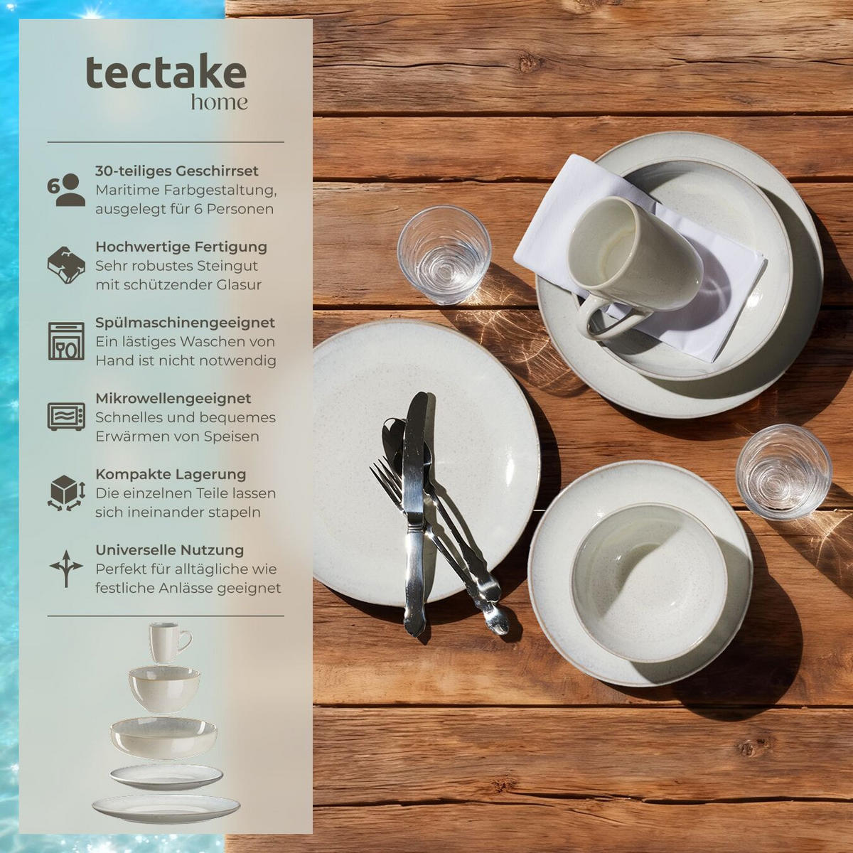 KOMBISERVICE Mare, ineinander stapelbar, grau - Grau, Keramik (26.5/2.5/26.5cm) - tectake