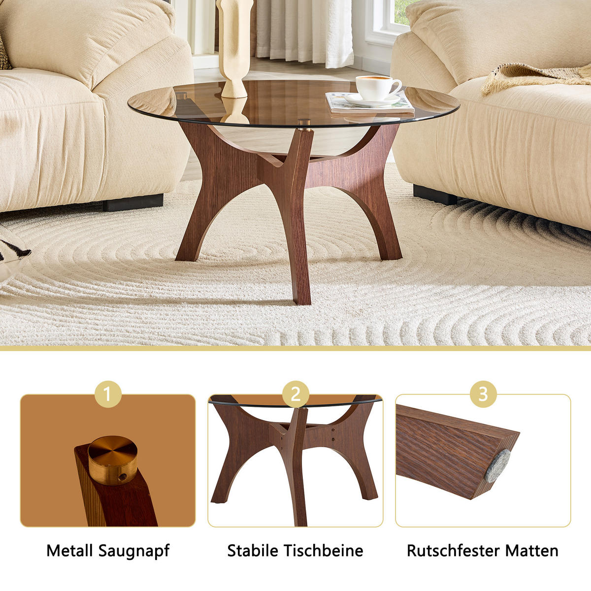 COUCHTISCH in Braun Runder Kaffeetisch für Wohnzimmer, Büro & Lounge, Hitze- & Kratzfest, 80/80/42.2 - Braun, Glas/Holzwerkstoff (80/80/42.2cm) - STILVORA