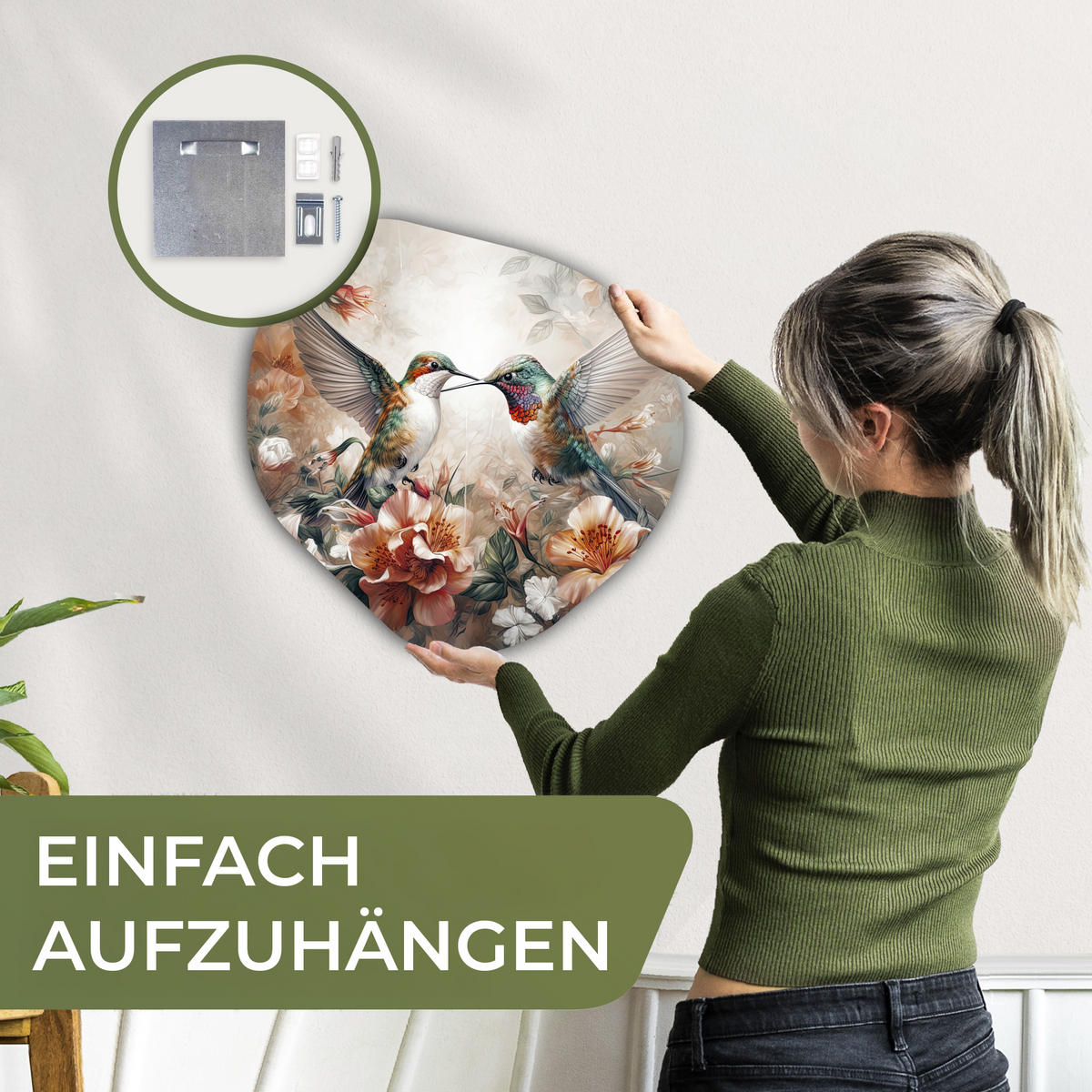 WANDBILD Kolibri - Vögel - Blumen - Natur 40x40 cm - Altrosa, Kunststoff (40/40cm) - MuchoWow