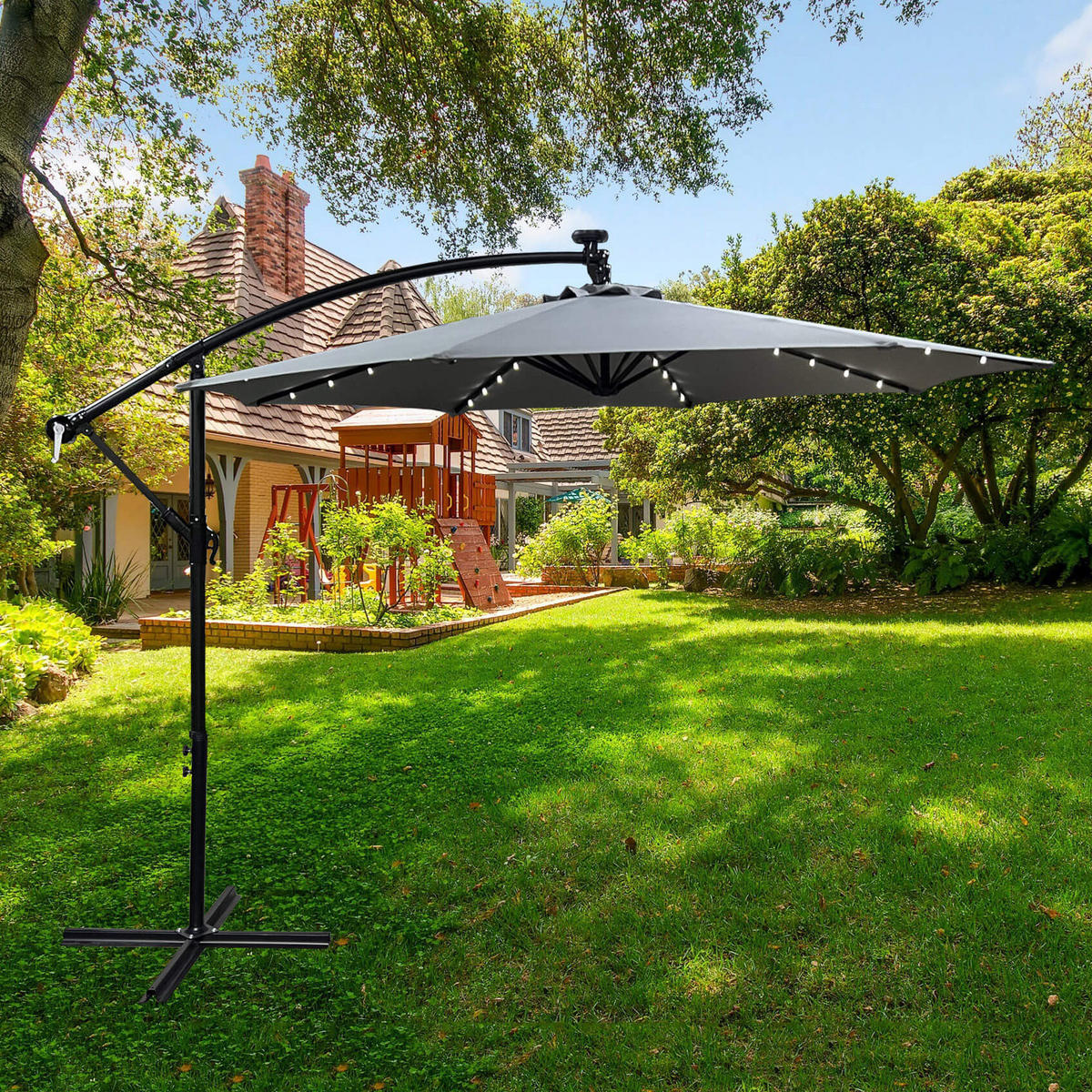 ZAHRADNÍ PARASOL s LED, solární šedý 300/245/300 - šedá, kov/textil (300/300cm) - RAUMHIRSCH FURNITURE