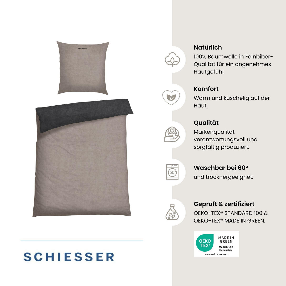 BETTWÄSCHESET Doubleface - Feinbiber - 2-teilig - 135 x 200 cm - Taupe-Schwarz - Schwarz, Textil (155/220cm) - SCHIESSER