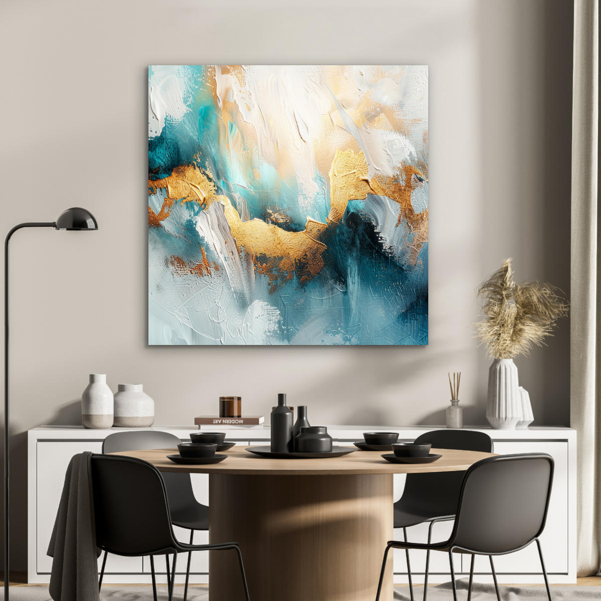 KOVOVÝ OBRAZ Abstraktné - umenie - zlaté - modré 90x90 cm - petrolejová, kov (90/90cm) - MuchoWow
