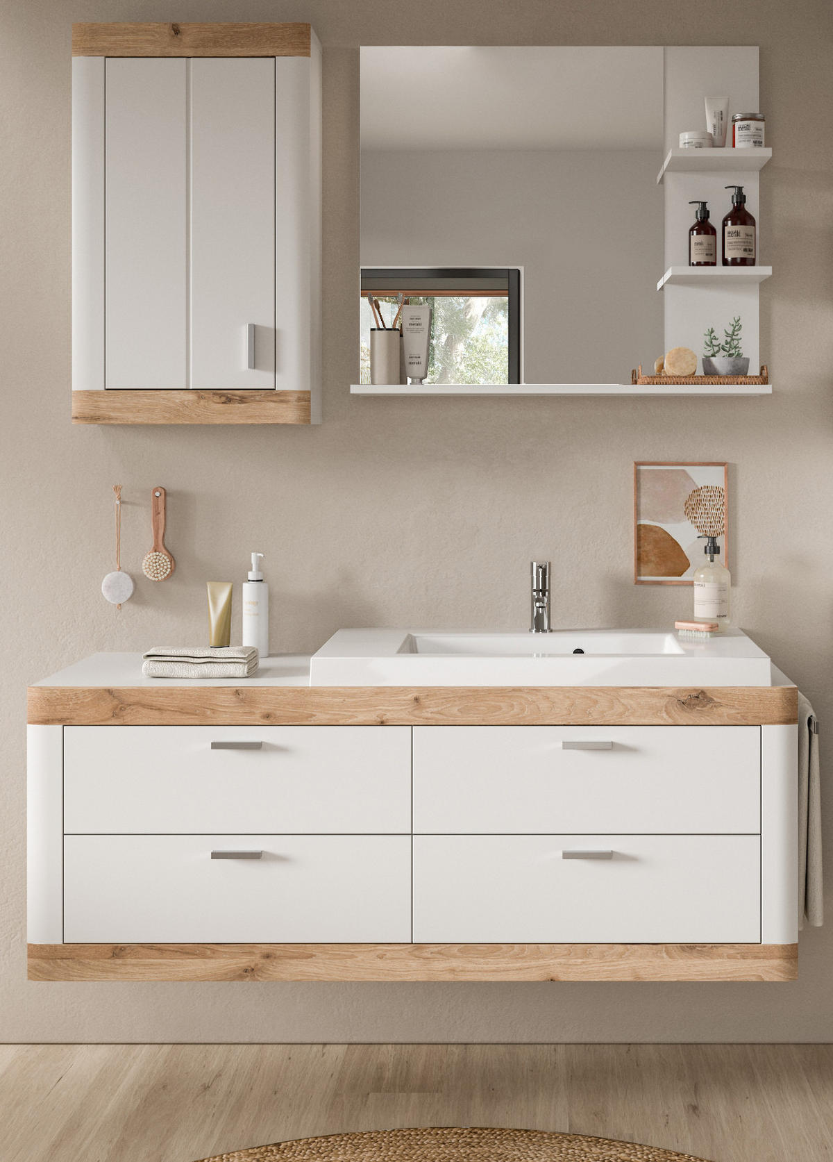 WASCHTISCHKOMBI weiß und Eiche, Waschtisch hängend mit Waschbecken, Breite 166 cm, Soft-Close - Eichefarben/Silberfarben, Holzwerkstoff/Kunststoff (132/50/48cm) - Inn.Furn