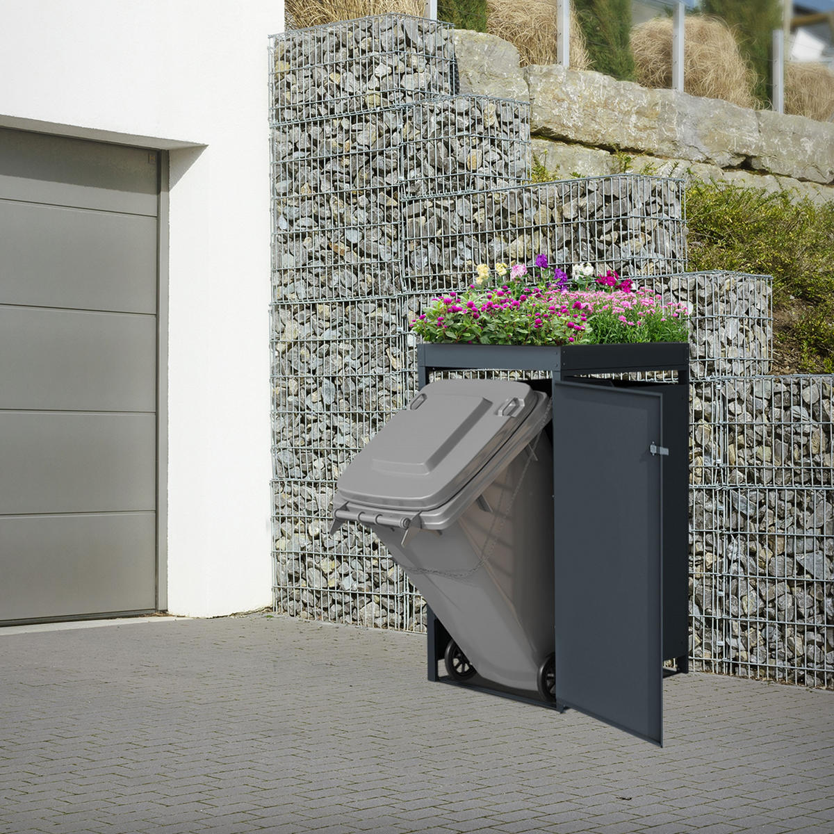 MÜLLTONNENBOX 1er mit Pflanzdach Anthrazit - Anthrazit, Metall (80/124/68cm) - ML-DESIGN