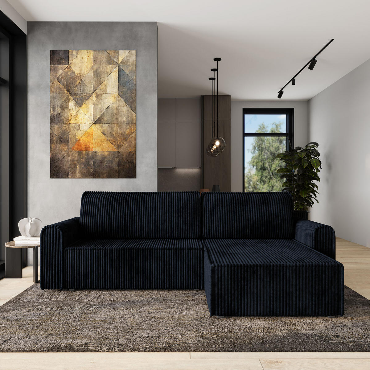 ECKSOFA VALTINO Schwarz Kordstoff mit Schlaffunktion - Schwarz, Holz (275/148cm) - MASSENO