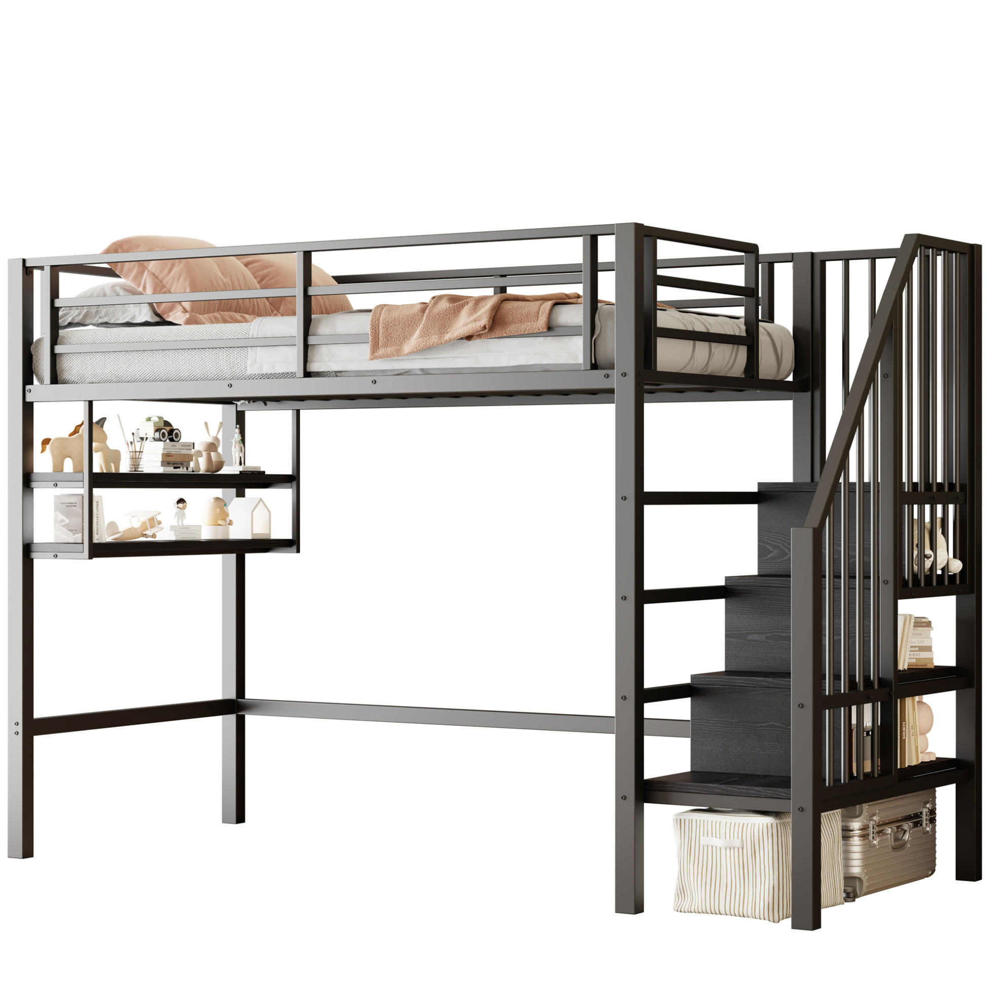 HOCHBETT 90/200 cm Schwarz aus Metall mit Stauraumleiter - Schwarz, Metall (90/200cm) - OKMYHOME