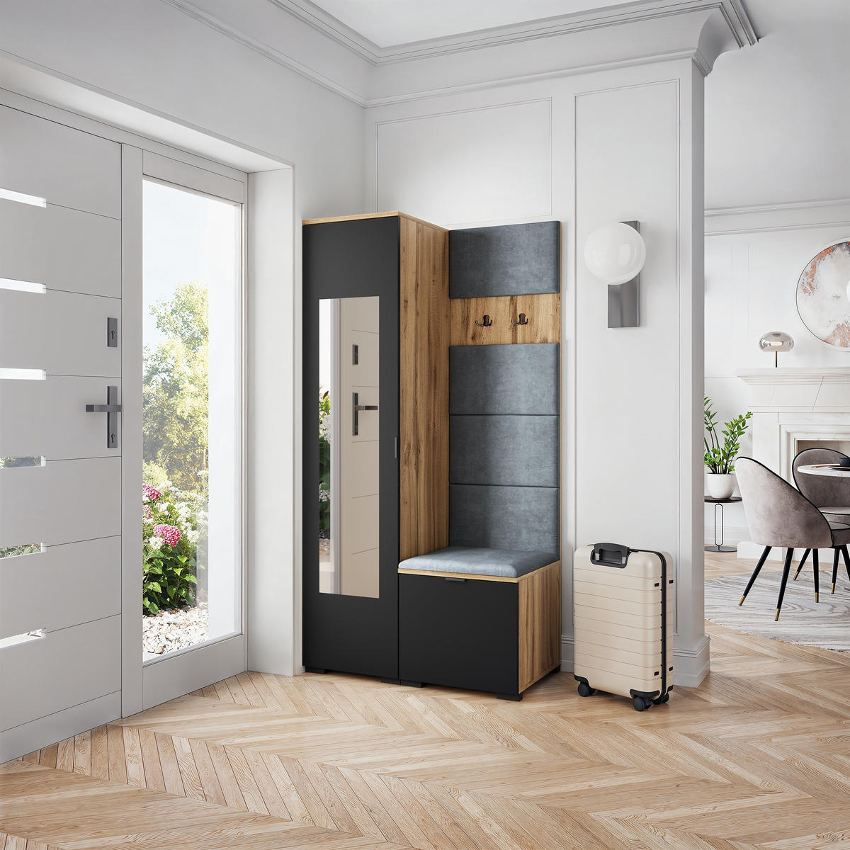 GARDEROBENSCHRANK VIRA 95/181/51 cm Modern Garderobe-Set Eiche Wotan - Eiche Wotan/Schwarz, Holzwerkstoff (95/181/51cm) - MASSENO