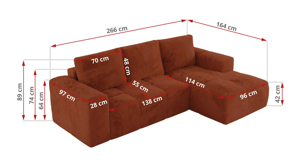 ECKSOFA MONIVA Orange Plüsch - Rechts - Schwarz/Orange, Textil (266/164cm) - MKS