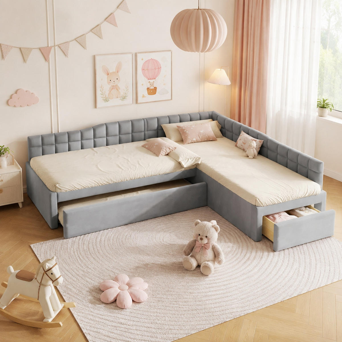 POLSTERBETT 90/200 mit Ausziehbett, Schubladen und Samtbezug in L-förmiger Anordnung in Grau - Grau, Holzwerkstoff/Textil (90/200cm) - EVRYAE