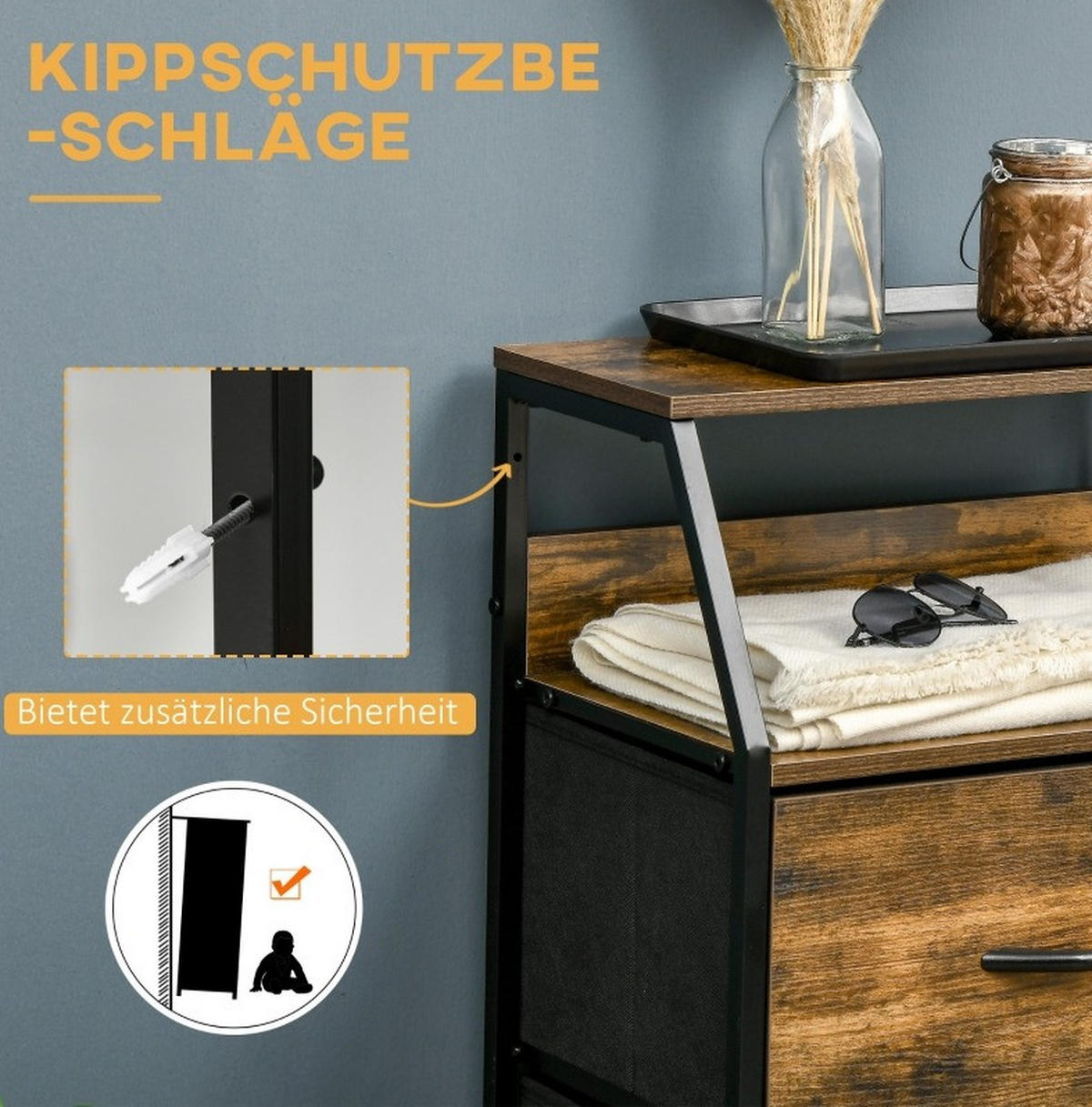 STOFFKOMMODE mit Stahlgestell 44x29x92 cm Braun mit 3 Schubladen und 2 Ablagen - Braun, Holzwerkstoff (44/92/29cm) - IVMEU