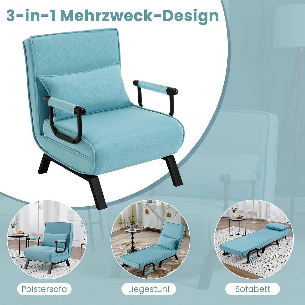 SCHLAFSESSEL 3 in 1, mit Verstellbarer Rückenlehne, Leinen Blau - Blau/Schwarz, Textil/Metall (65/78/75cm) - Woltu