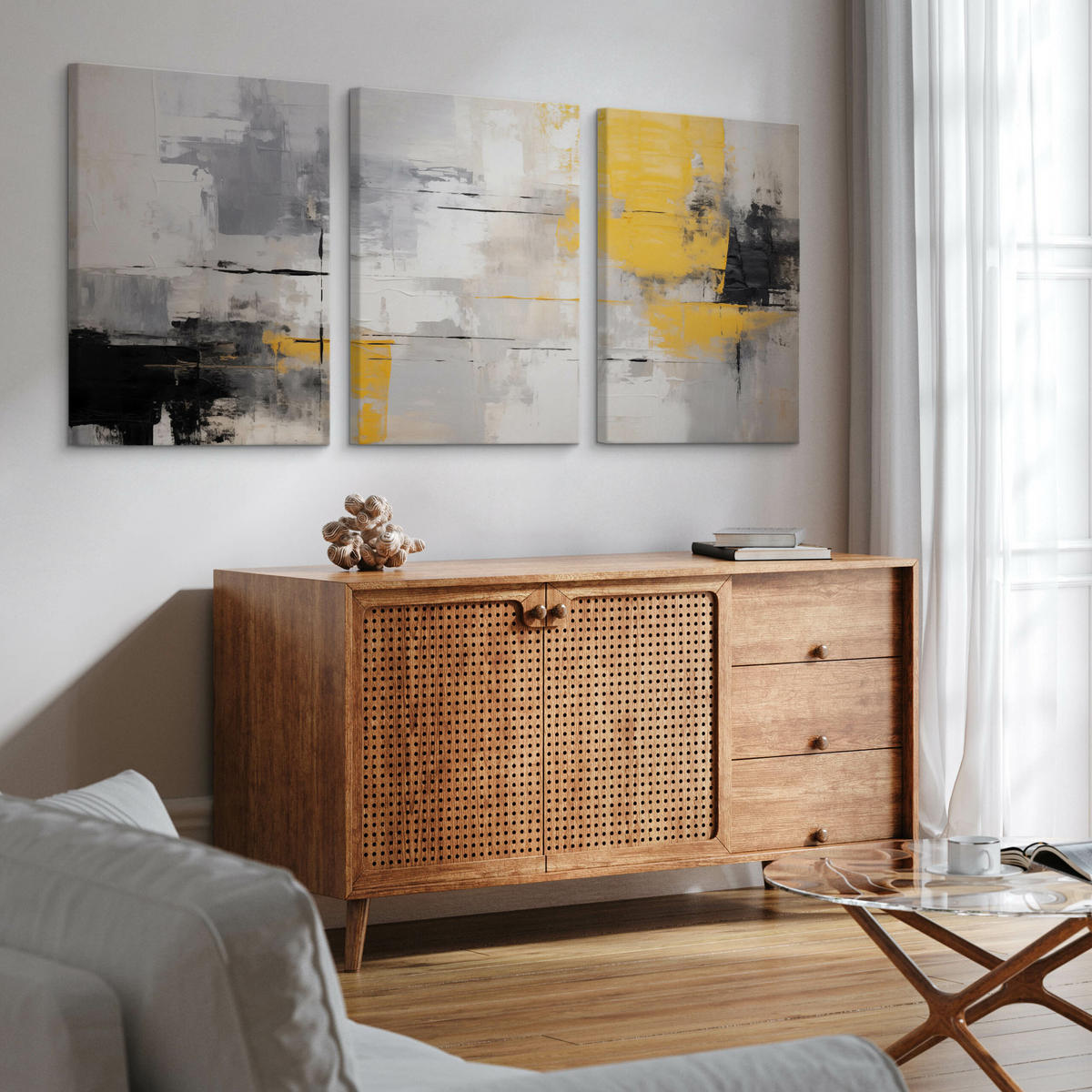 LEINWANDBILDER 3-es Set Moderne Kunst - Beige/Gelb, Textil (90/40cm) - Muralo