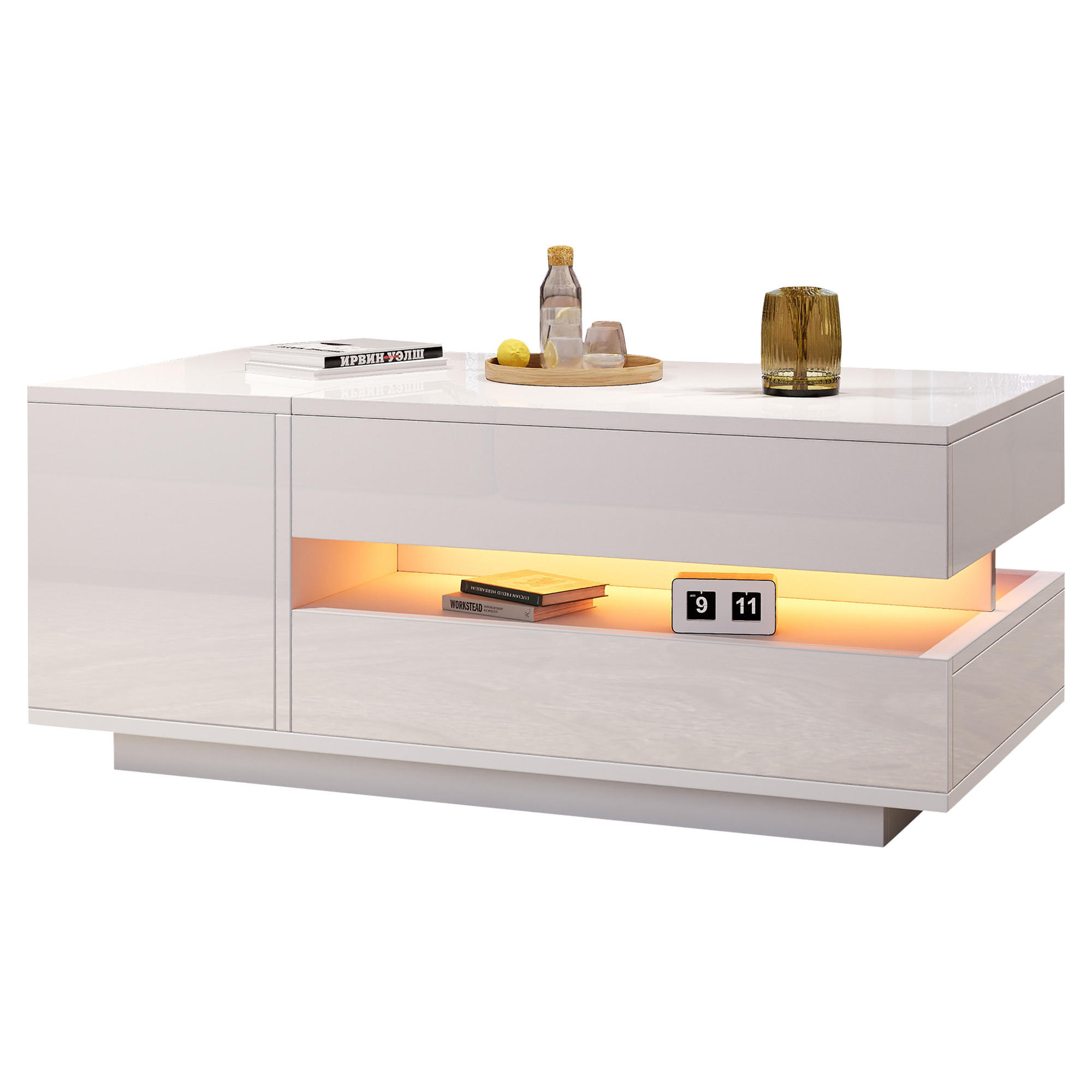 COUCHTISCH mit Hebefunktion LED 1 Schublade 1 Schrank und Stauraum 95/50/40 cm - Weiß, Holzwerkstoff (95/50/34.5cm) - EVRYAE