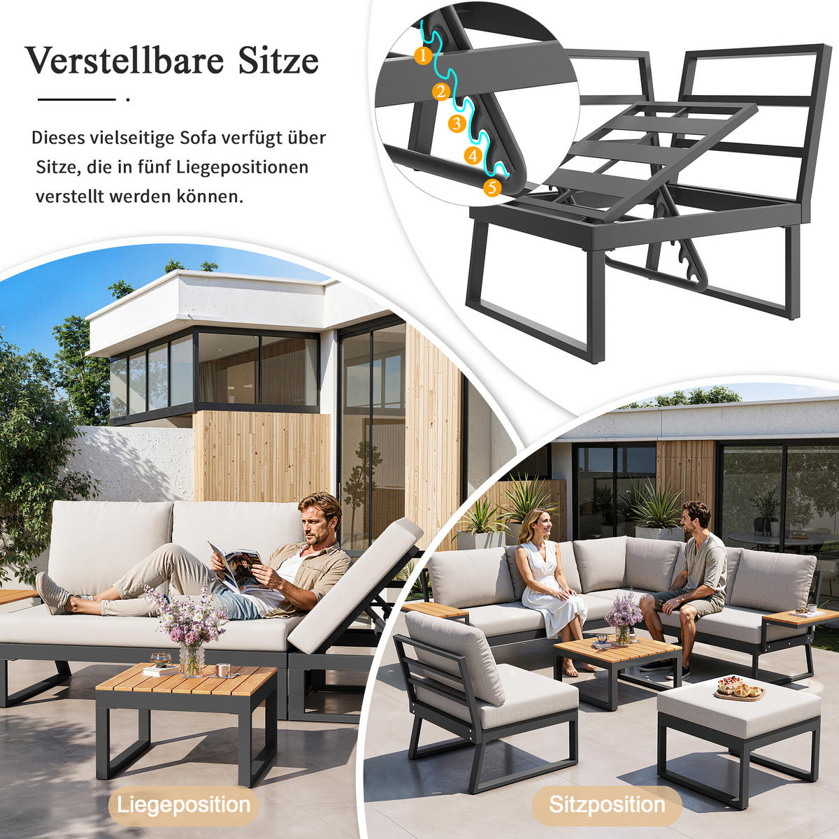 LOUNGESET, 7 Personen, Eisen, Ecksofa, Holztisch, Beige - Beige, Metall - FLIEKS