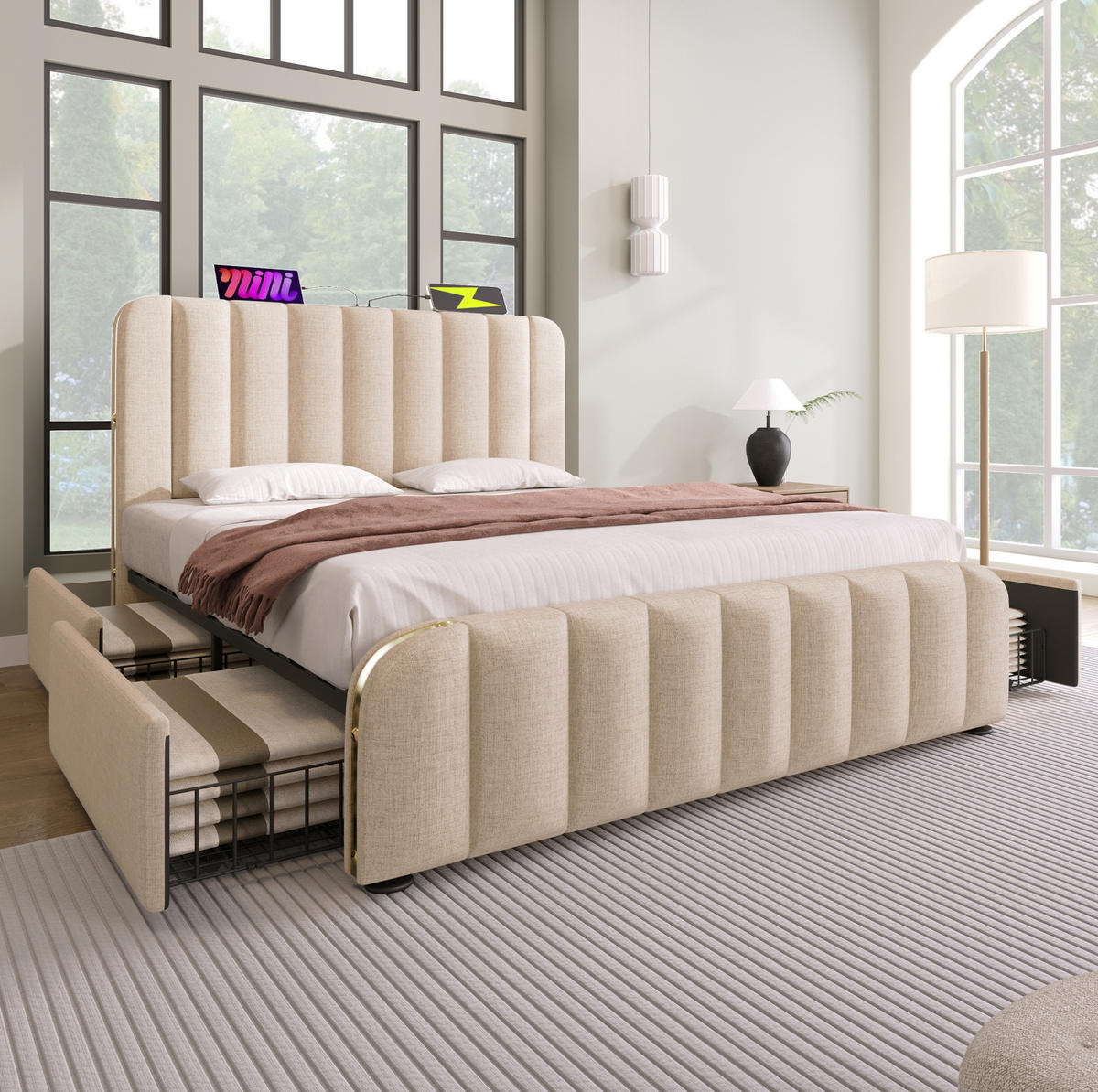 BETT mit 4 Schubladen und USB 140x200 cm Leinen Beige - Beige, Metall (140/200cm) - Meubliv