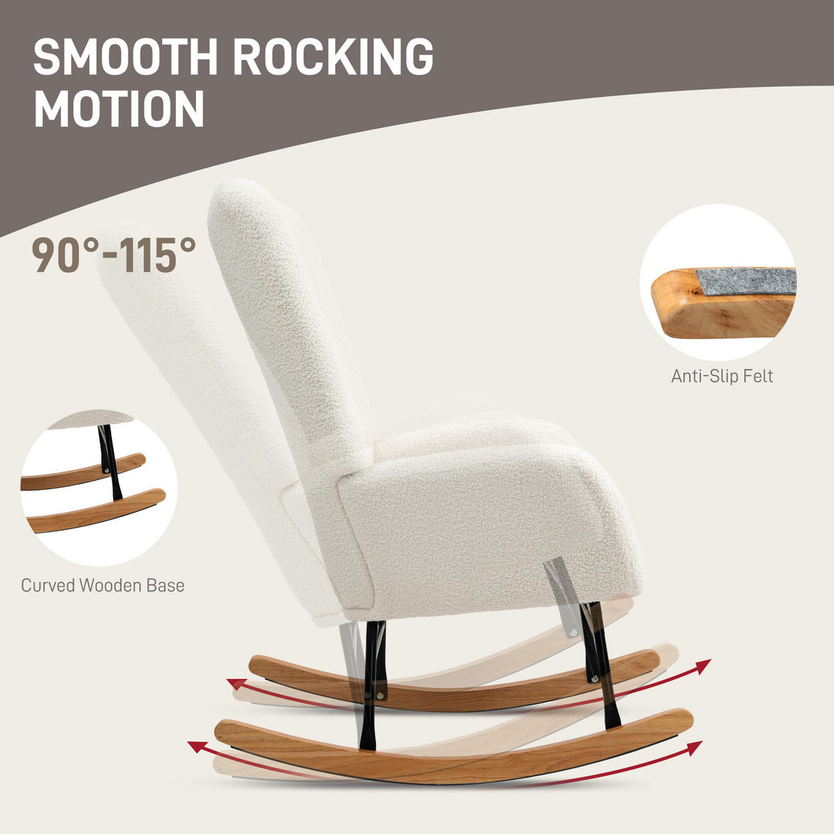 SCHAUKELSTUHL, Schaukelsessel mit Armlehne, Teddysamt-Optik, Cremeweiß - Creme/Naturfarben, Holz/Textil (70/100/94cm) - HOMCOM
