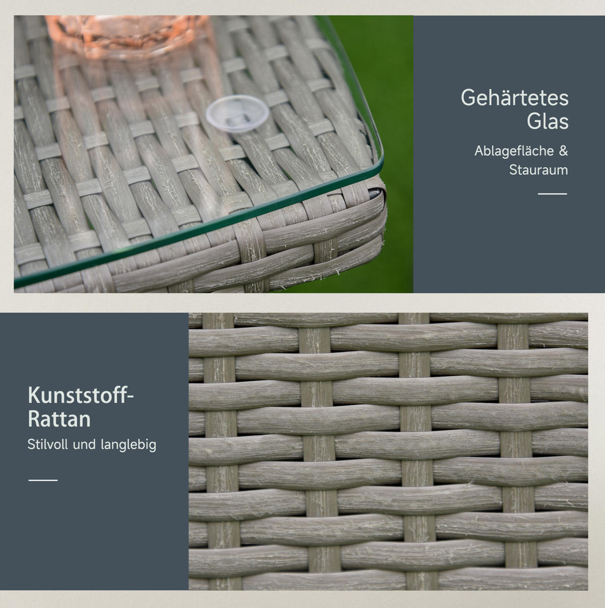 BALKONMÖBEL-SET 60/58,5/89,5 cm, 3-teilig mit Sitzkissen und Glastisch, Grau - Grau, Naturmaterialien - Redom