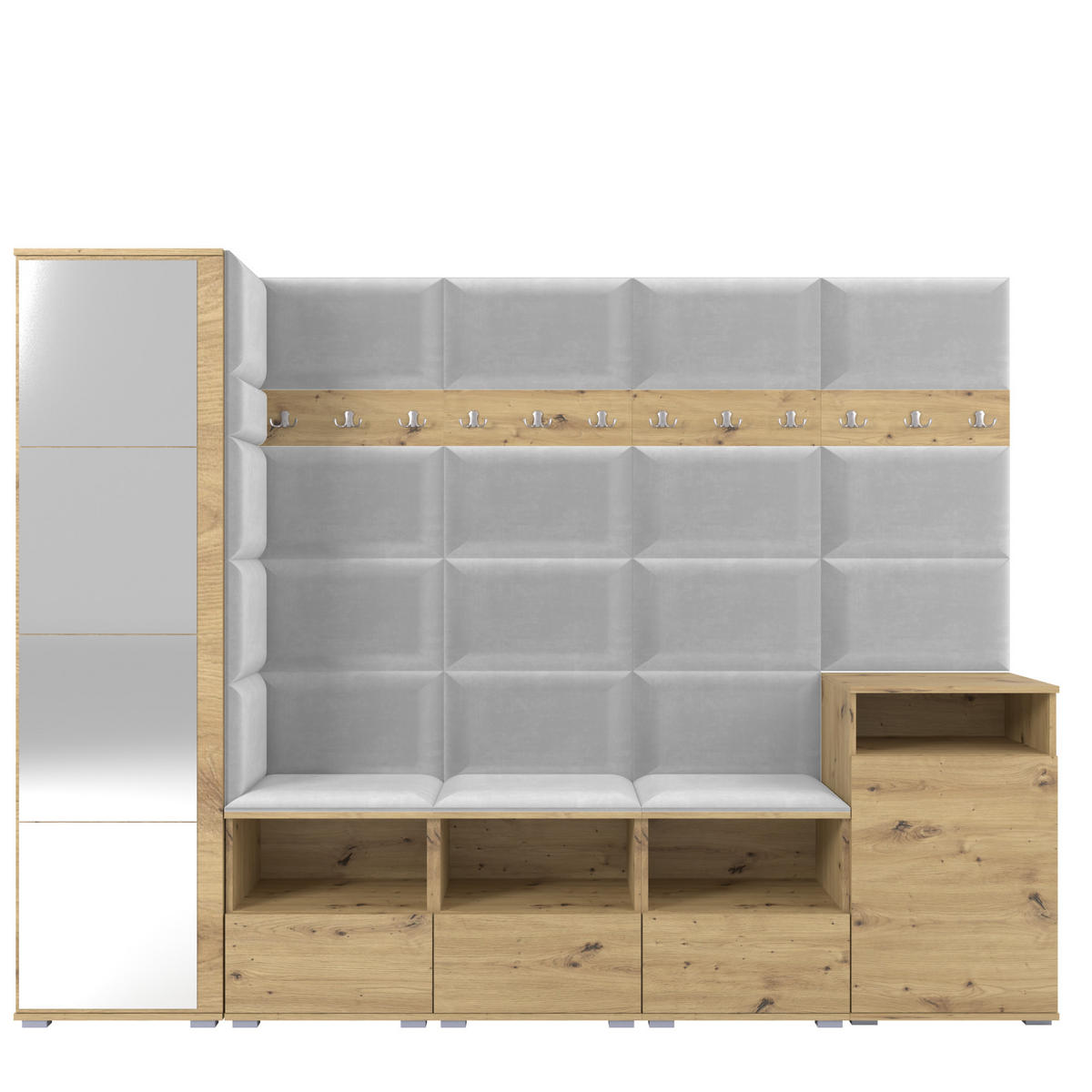 GARDEROBE NELA XI 250 cm (Modulare Flurmöbel Artisan Eiche mit Spiegel & Sitzpolster Hellgrau 32 Großes Set) - Silberfarben/Hellgrau, Holz/Holzwerkstoff (250/187/40cm) - Ravio