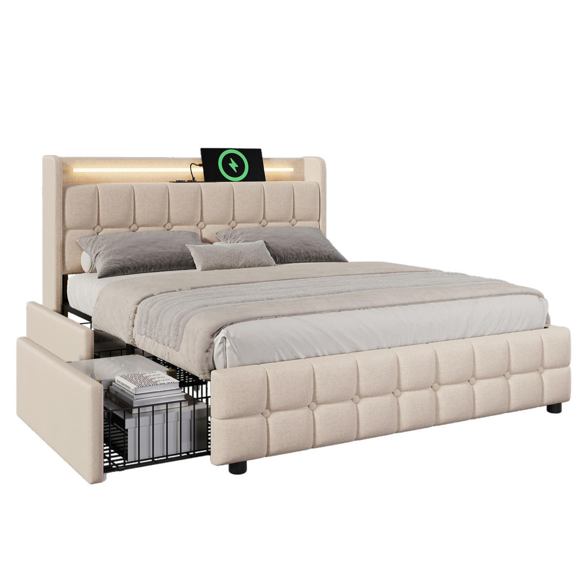 POLSTERBETT 180/200 cm Beige mit LED-Beleuchtung und 2 Schubladen, Ohne Matratze - Beige, Holz/Textil (180/200cm) - Oxeza
