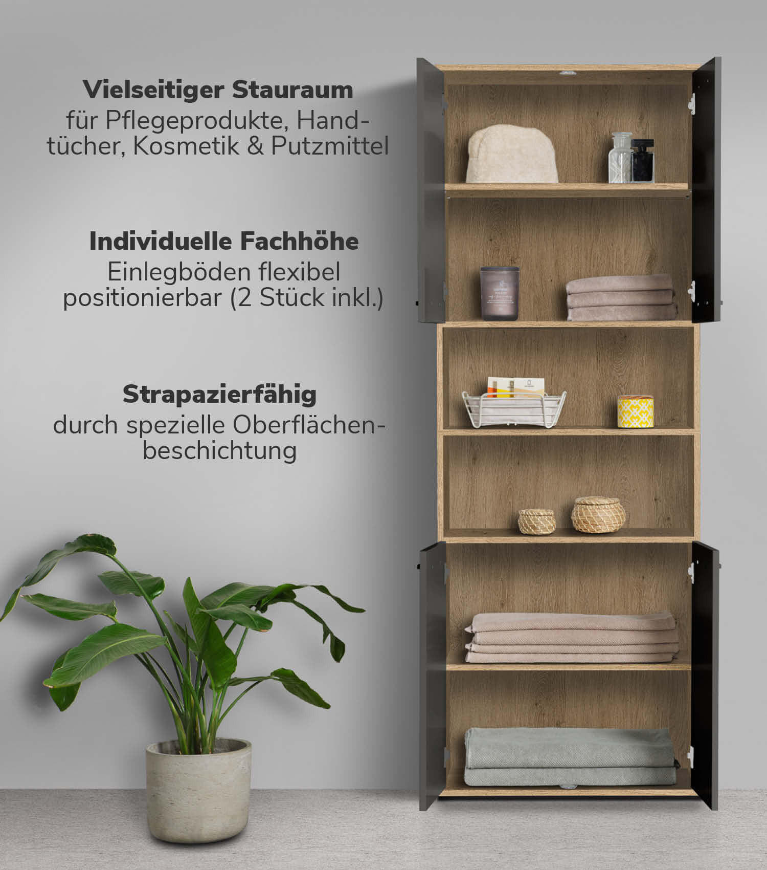 BAD HOCHSCHRANK Der Kapitän - Anthrazit, Holzwerkstoff (65/180/34cm) - Mokebo