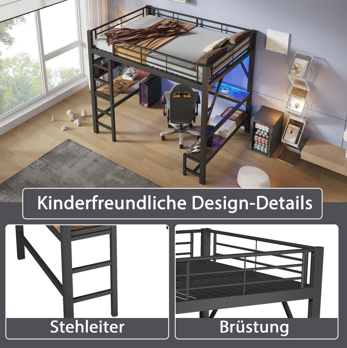 HOCHBETT aus Metall und MDF 160x200 cm Schwarz mit Schreibtisch, LED-Leiste und USB-Type-C-Anschluss - Schwarz, Metall (160/200cm) - Modfu