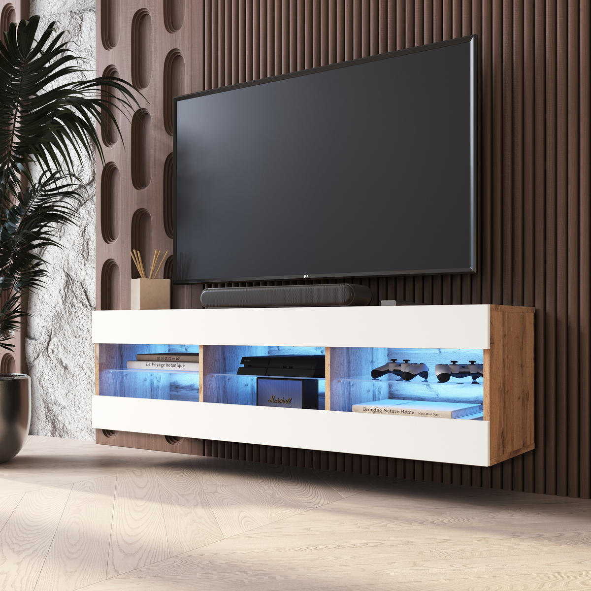 LOWBOARD TIVOLI RTV 140, Weiss, LED Blau - Eiche Wotan/Weiß, Glas/Holzwerkstoff (140/40.5/35.5cm) - Komodee