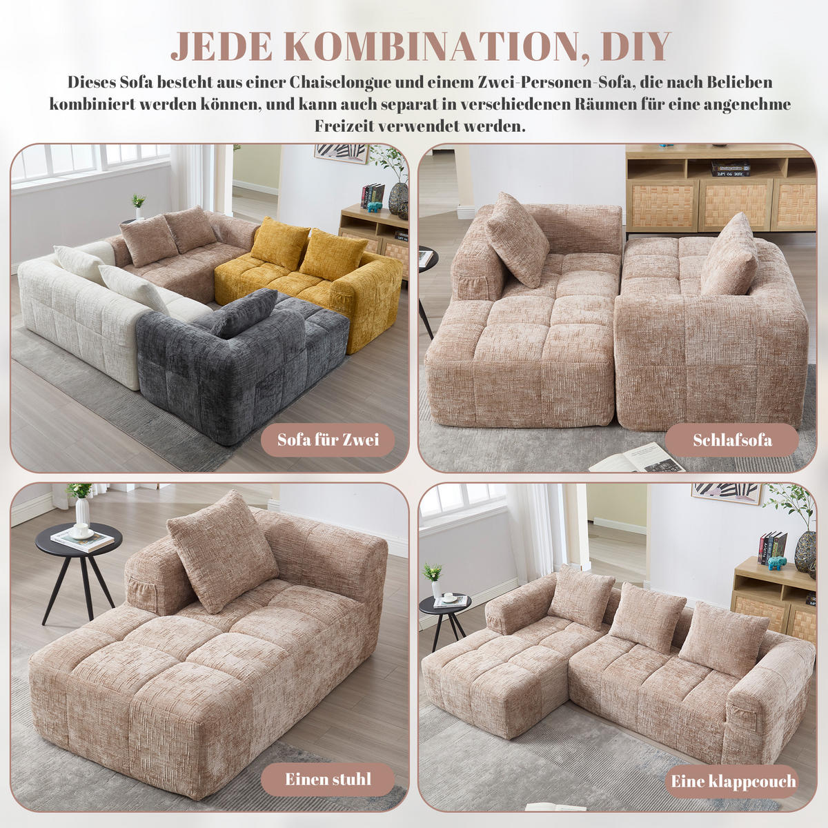ECKSOFA Chenille Khaki mit Kissen und Seitentaschen - Hellbraun, Textil (250/158cm) - WISHDOR