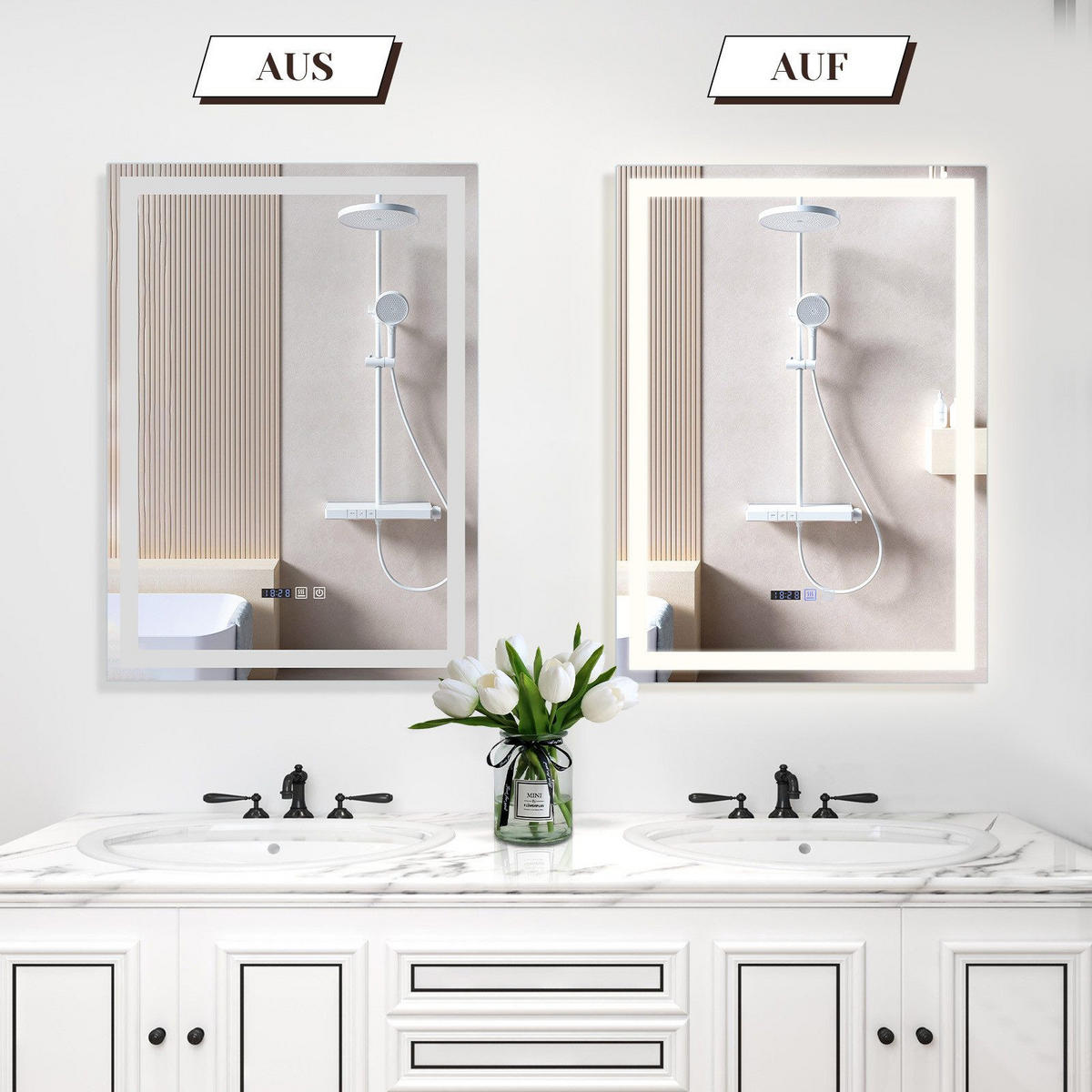 BADEZIMMERSPIEGEL Jena mit LED-Leuchte 50/70/3 cm - Weiß, Glas (70/3/50cm) - Nettlife