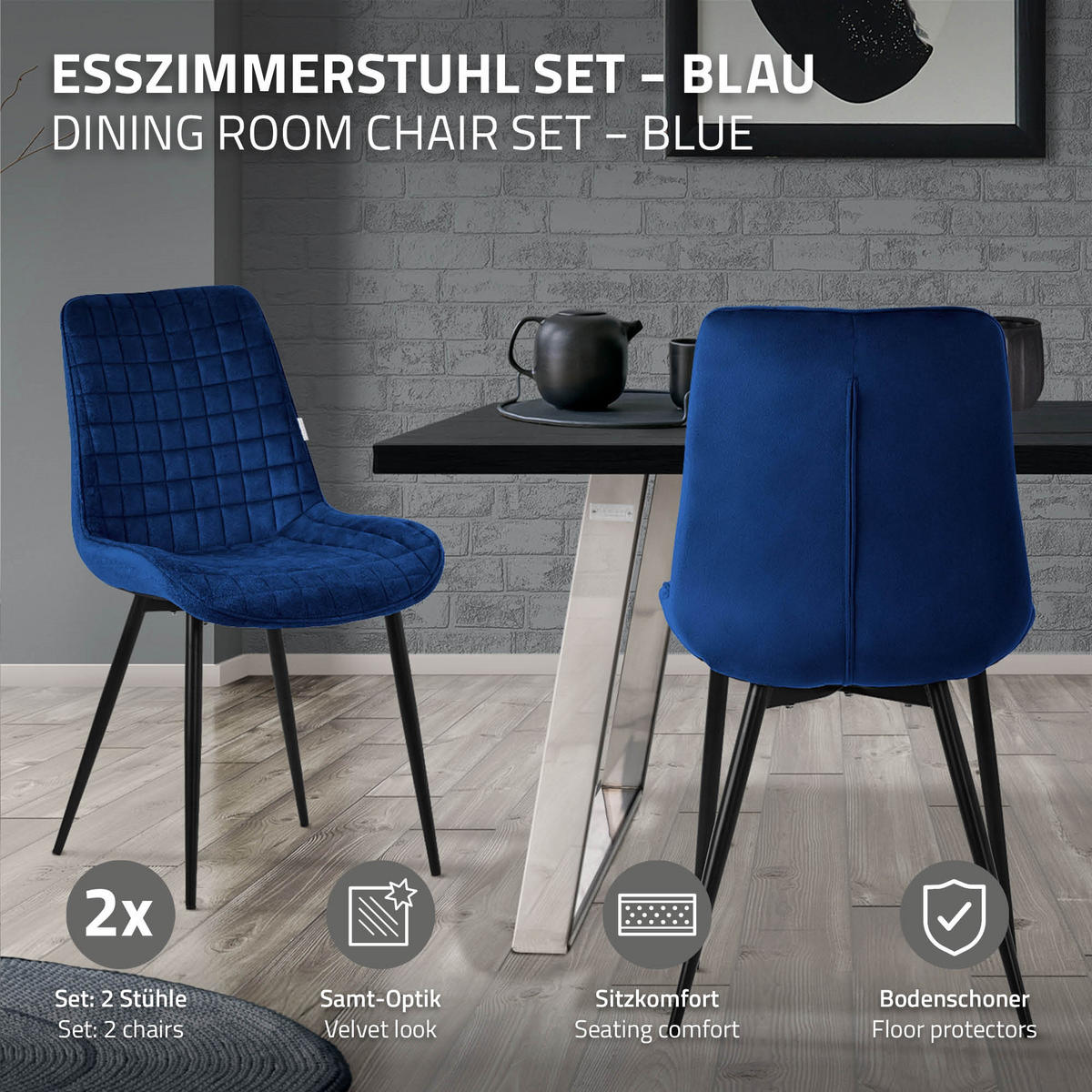 ESSZIMMERSTÜHLE 2ER-SET Dunkelblau Samt - Schwarz/Dunkelblau, Textil/Metall (52/89/60cm) - ML-DESIGN