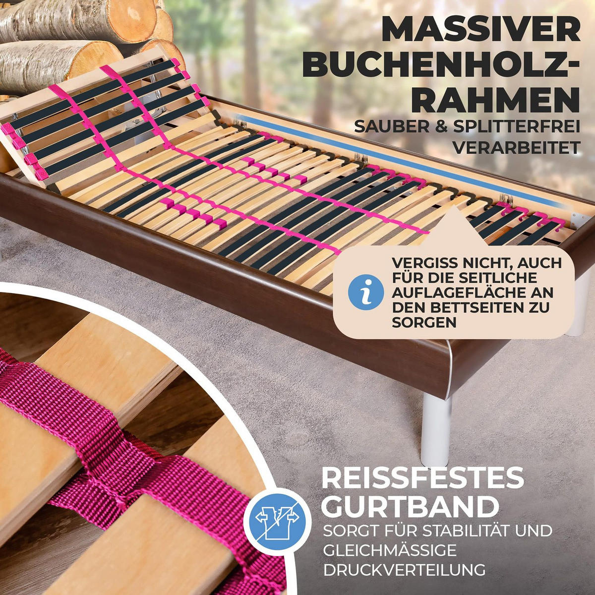 LATTENROST PINK DREAM 90 x 200 cm Kopfteil verstellbar, Selbstmontage - Naturfarben, Holz (90/200cm) - Coemo