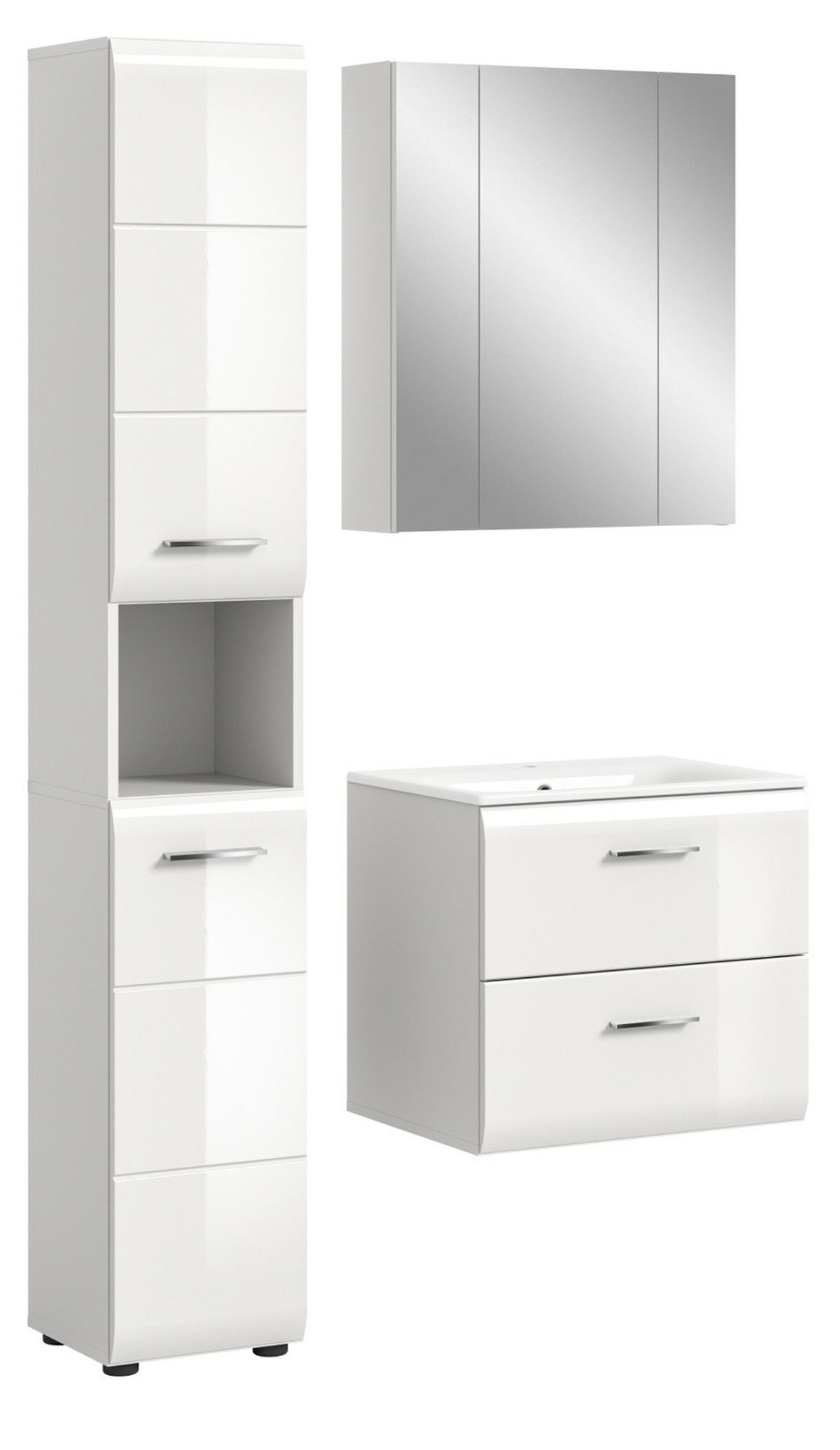 BADMÖBEL SET 3-teilig in weiß Hochglanz inkl. Waschbecken 105 x 185 cm Cover - Weiß Hochglanz/Silberfarben, Holzwerkstoff/Kunststoff (105/185/46cm) - Inn.Furn