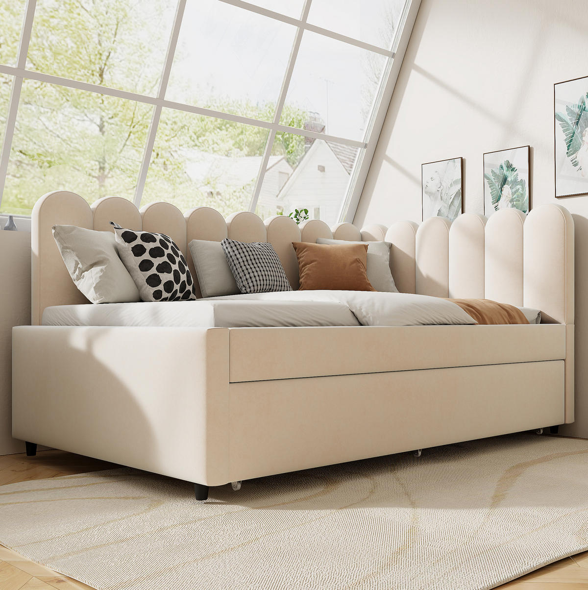 POLSTERBETT 140/200 cm mit Ausziehbett, L-Form und blütenblattförmiger Rückenlehne, Beige - Beige, Textil (140/200cm) - Redom