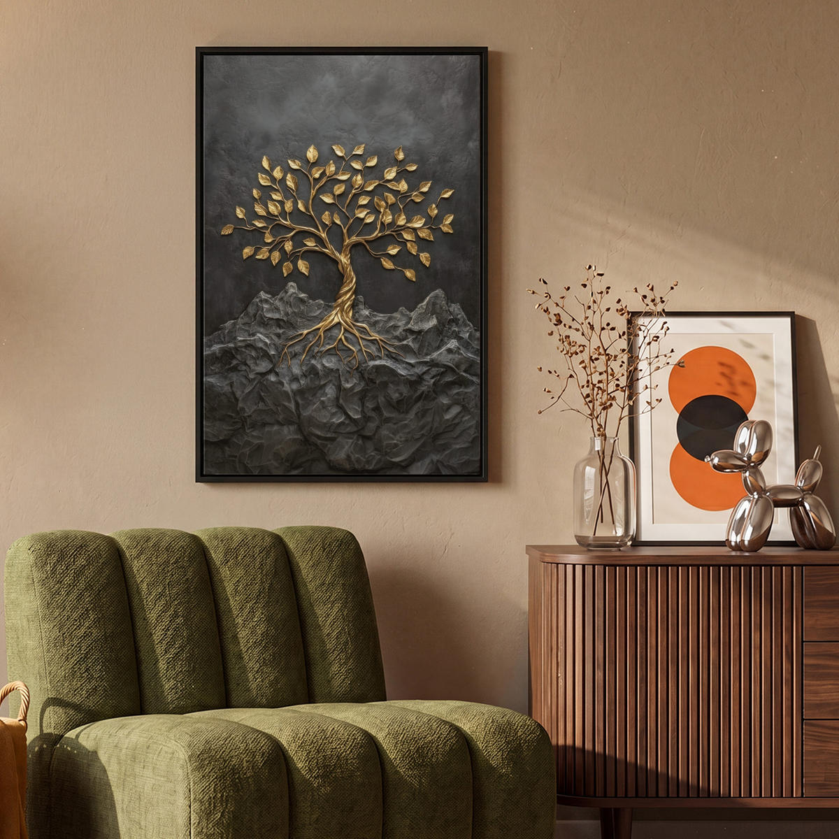 LEINWAND Bilder mit Rahmen - Blätter - Gold - Baum - Fels - 60x90 - Schwarz, Textil (60/90cm) - MuchoWow